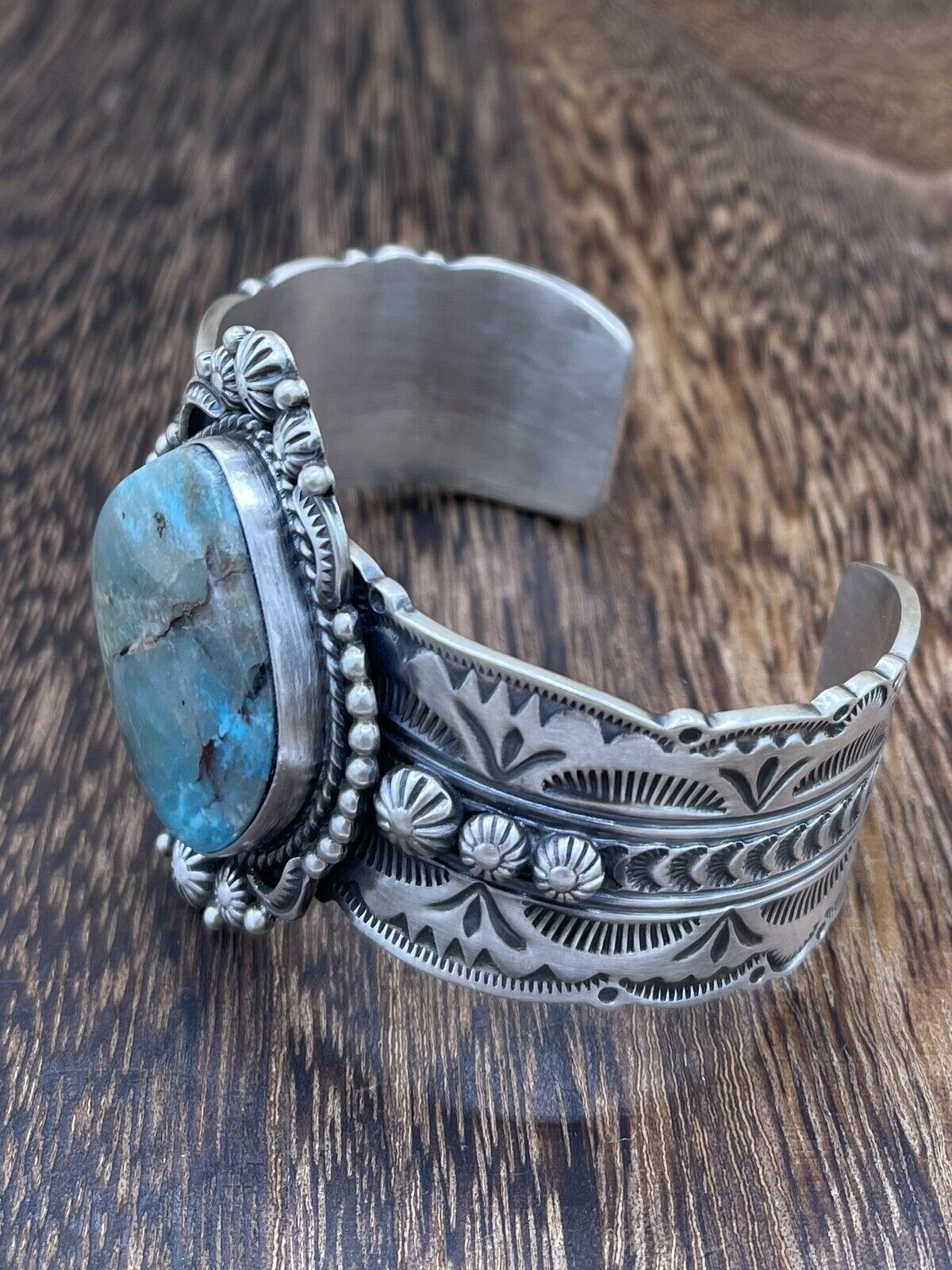 Native American Navajo Handmade Silver Smokey MT. Turquoise Cuff Bracelet Bennie