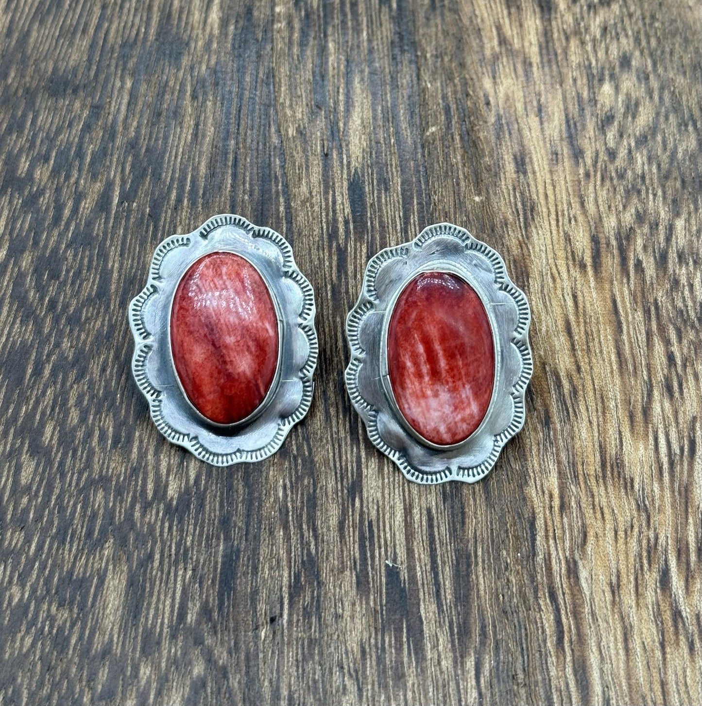 Navajo Handmade Sterling Silver Red Spiny Oyster Shell Stamped Post Earrings