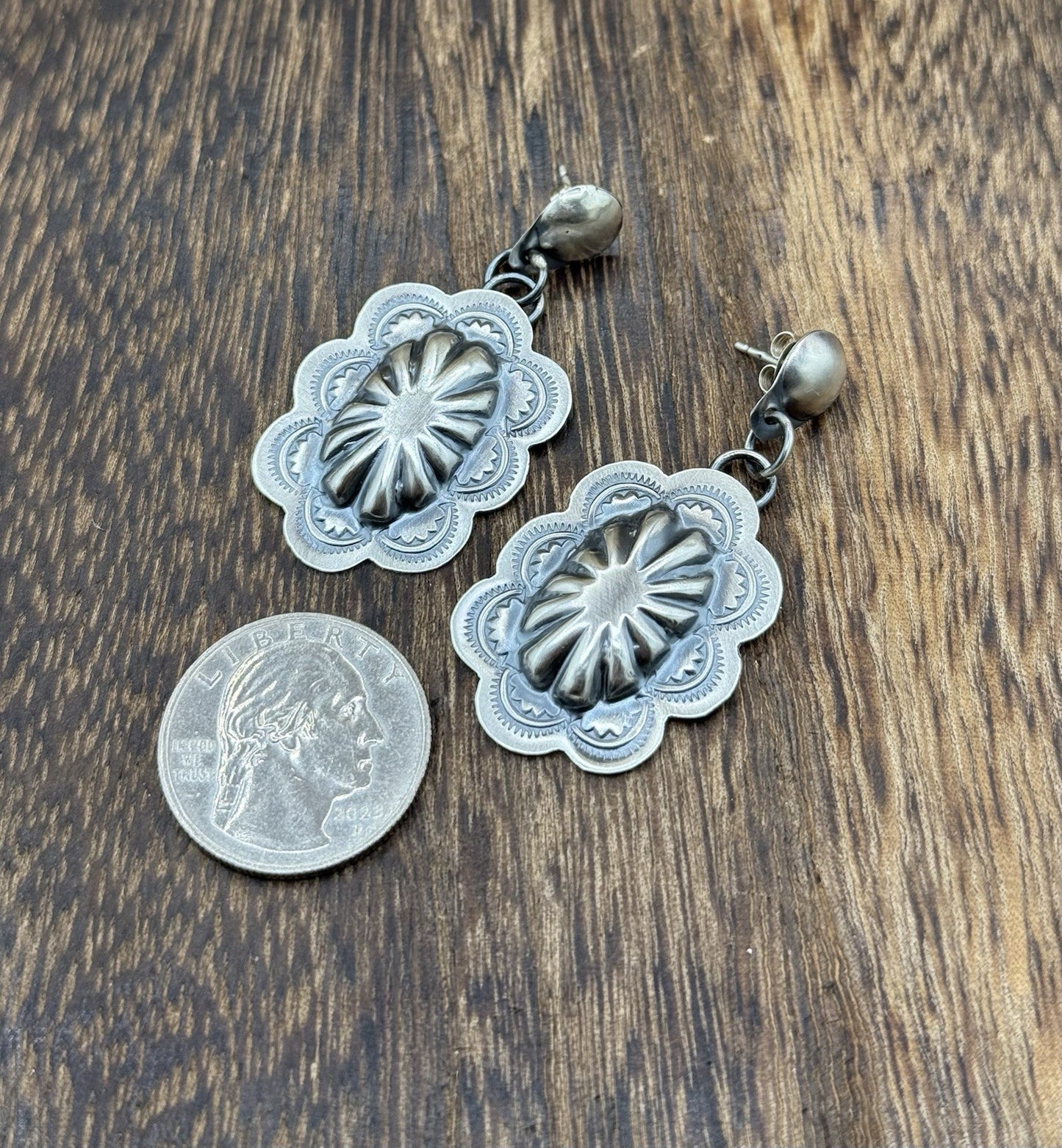 Navajo Handmade Sterling Silver Old Look Stamped Concho Design Post Earrings