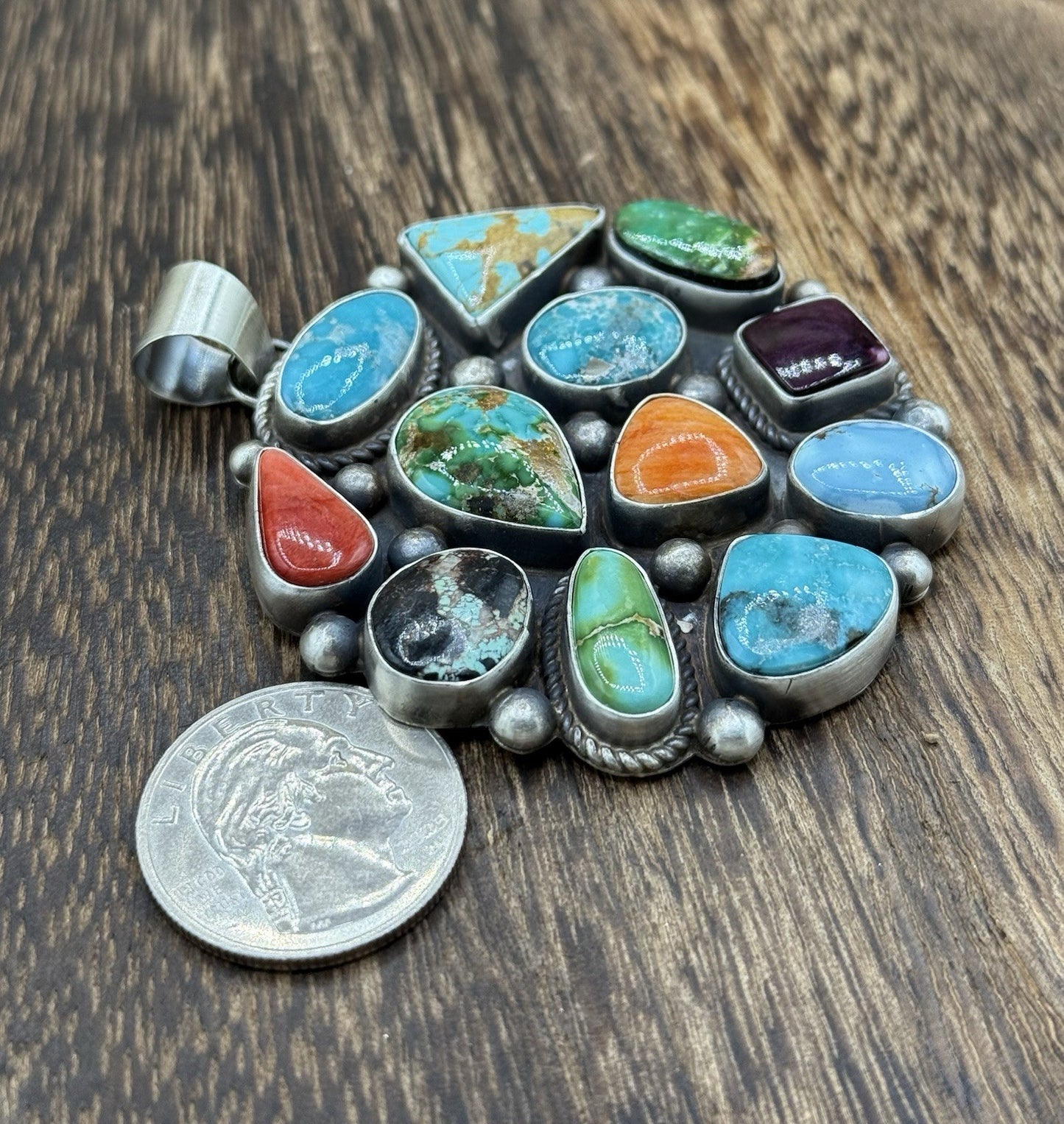 Navajo Handmade Sterling Silver Mixed Turquoise Spiny Large Cluster Pendant