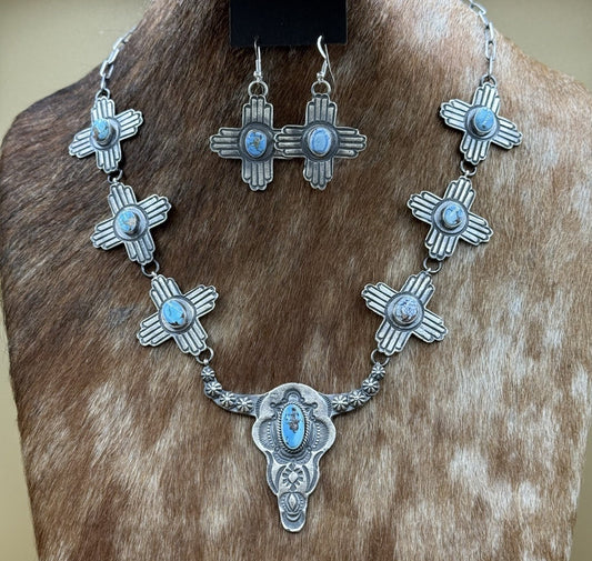 Navajo Handmade Sterling Silver Golden Hills Turquoise Longhorn Zia Necklace Set