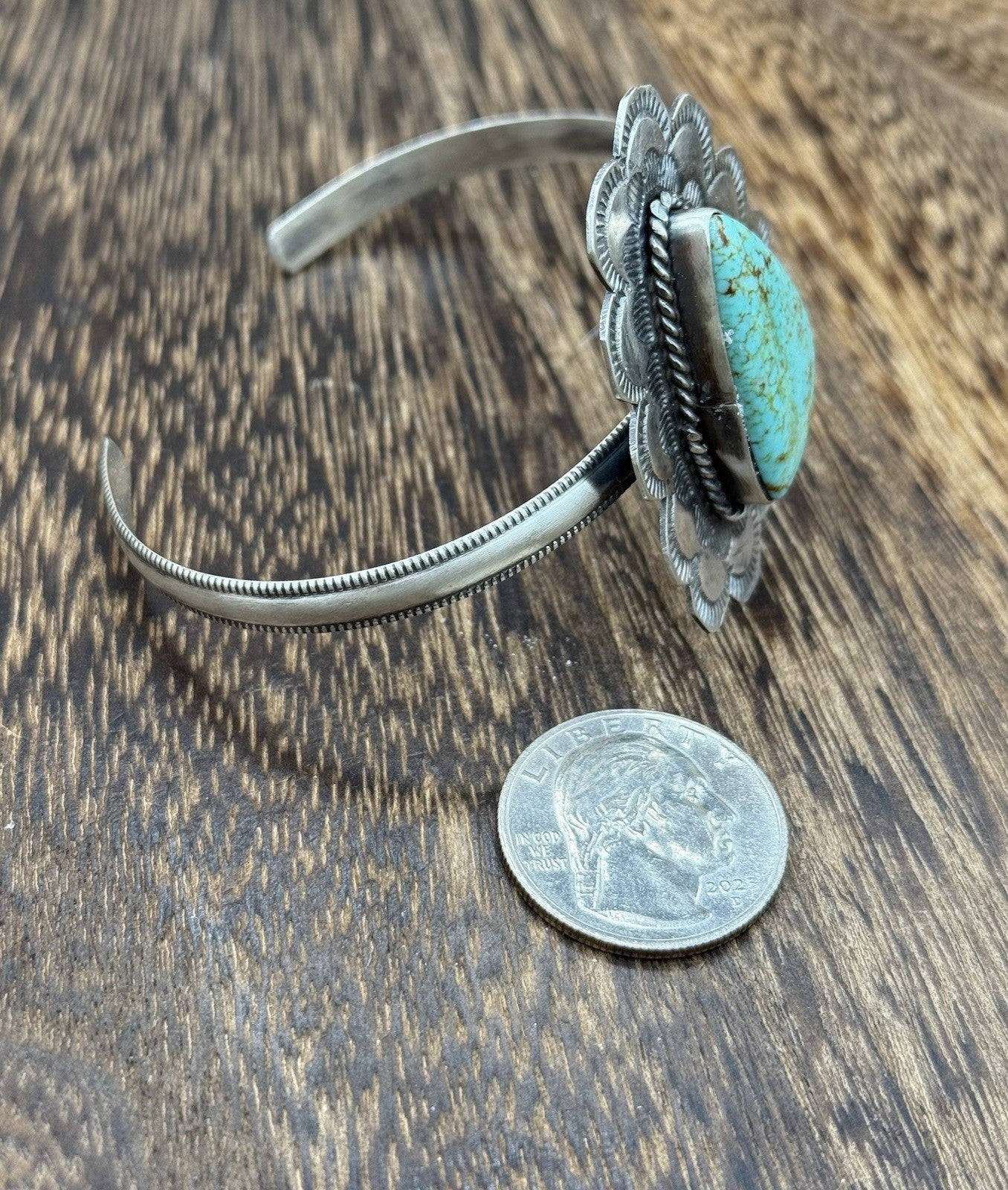 Native Navajo Handmade Sterling Silver Kingman Turquoise Cuff Stamped Bracelet