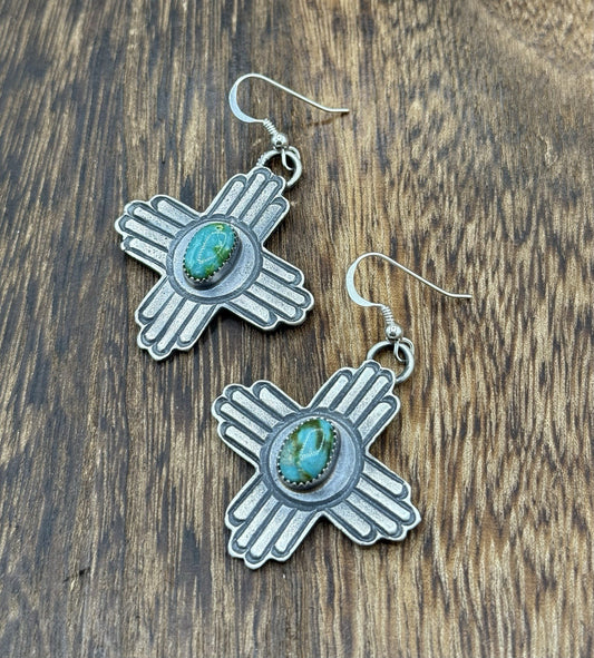 Navajo Handmade Sterling Silver Zia Sonoran Gold Turquoise Earrings Kevin Billah