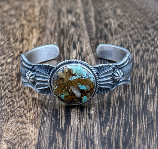Navajo Handmade Sterling Silver Royston Turquoise Old look Cast Bracelet