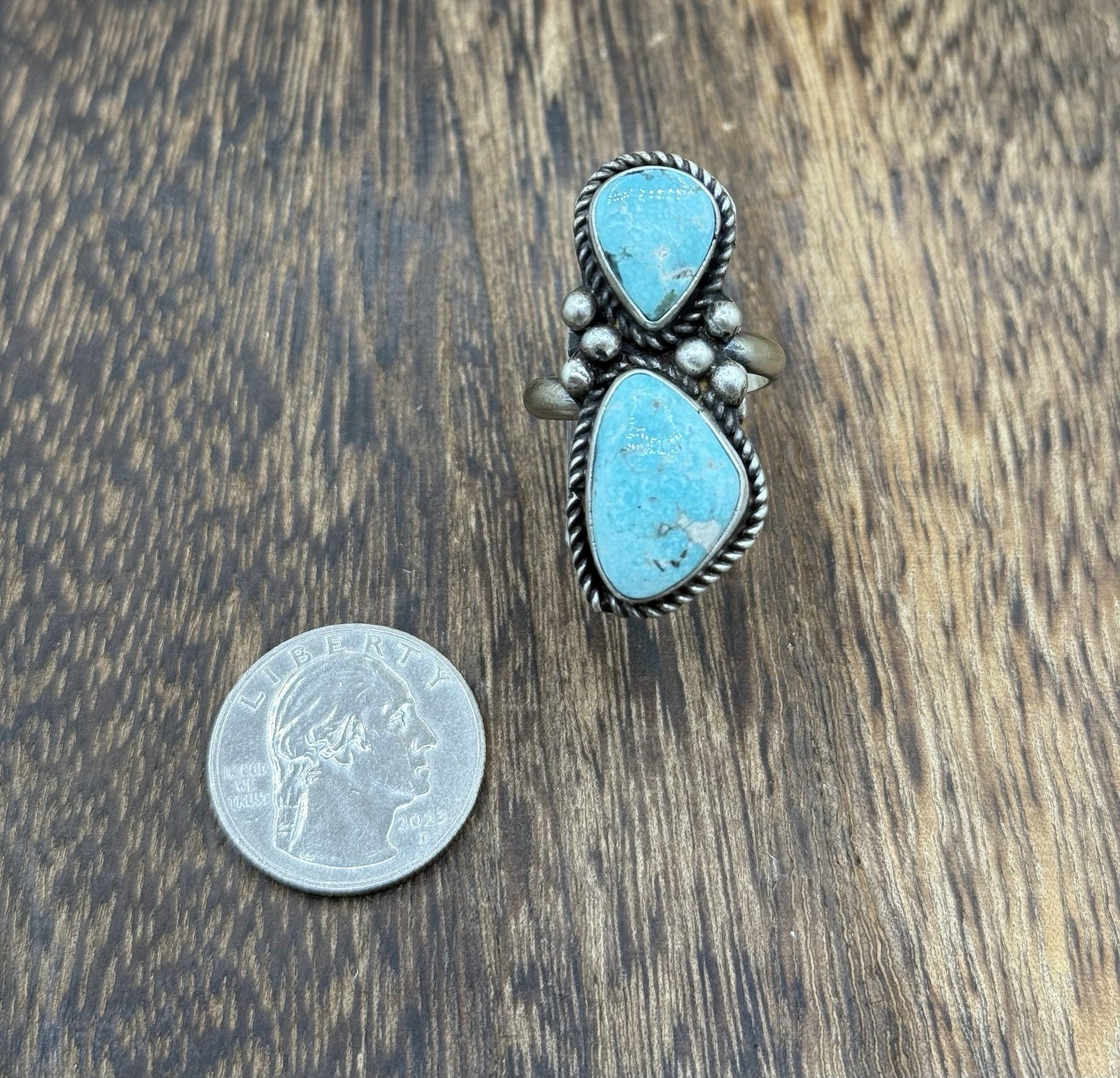 Navajo Handmade Sterling Silver White Water Turquoise Adjustable Ring Size 7 - 9