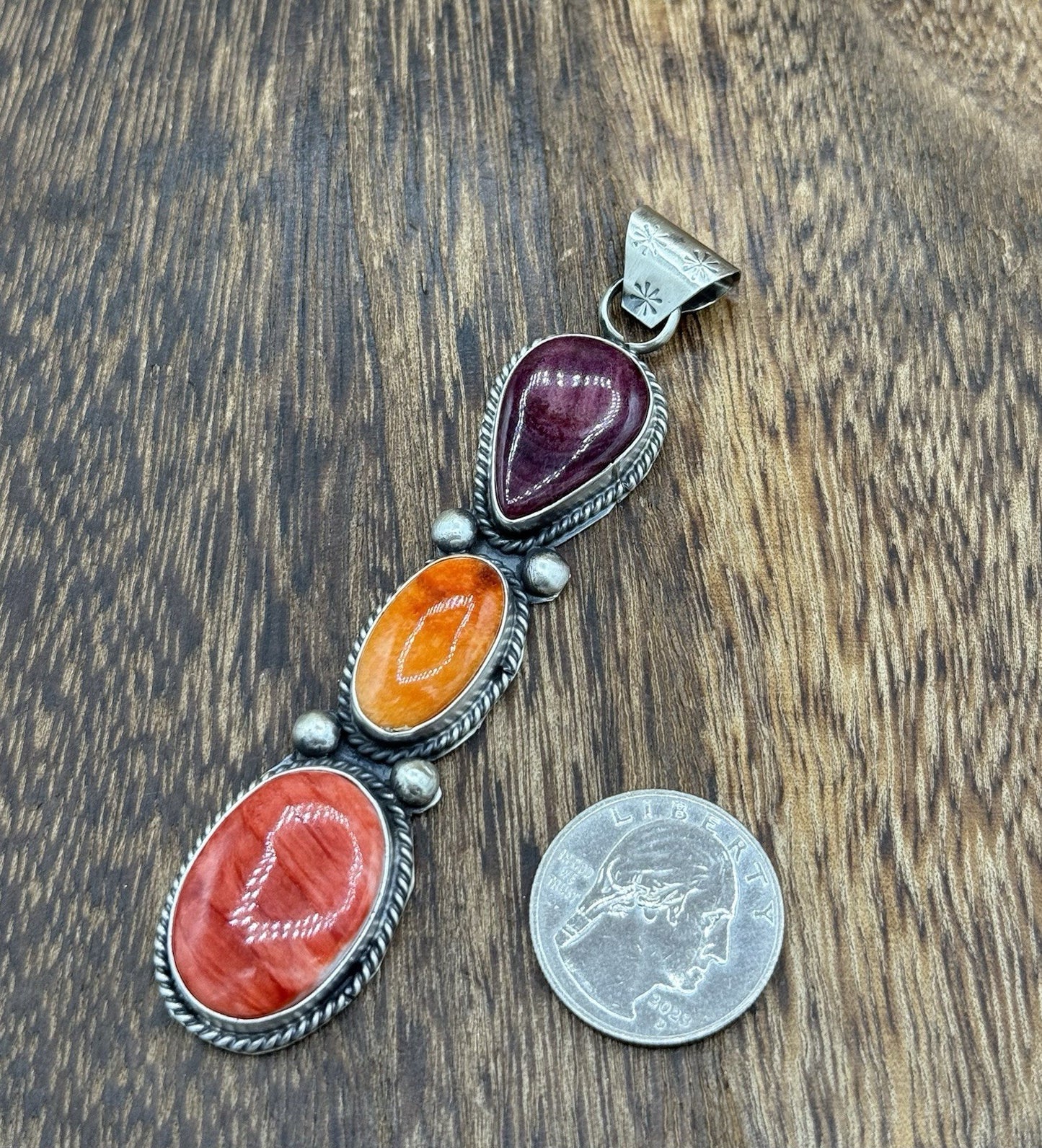 Native Navajo Handmade Sterling Silver Multi Spiny Oyster Shell Drop Pendant