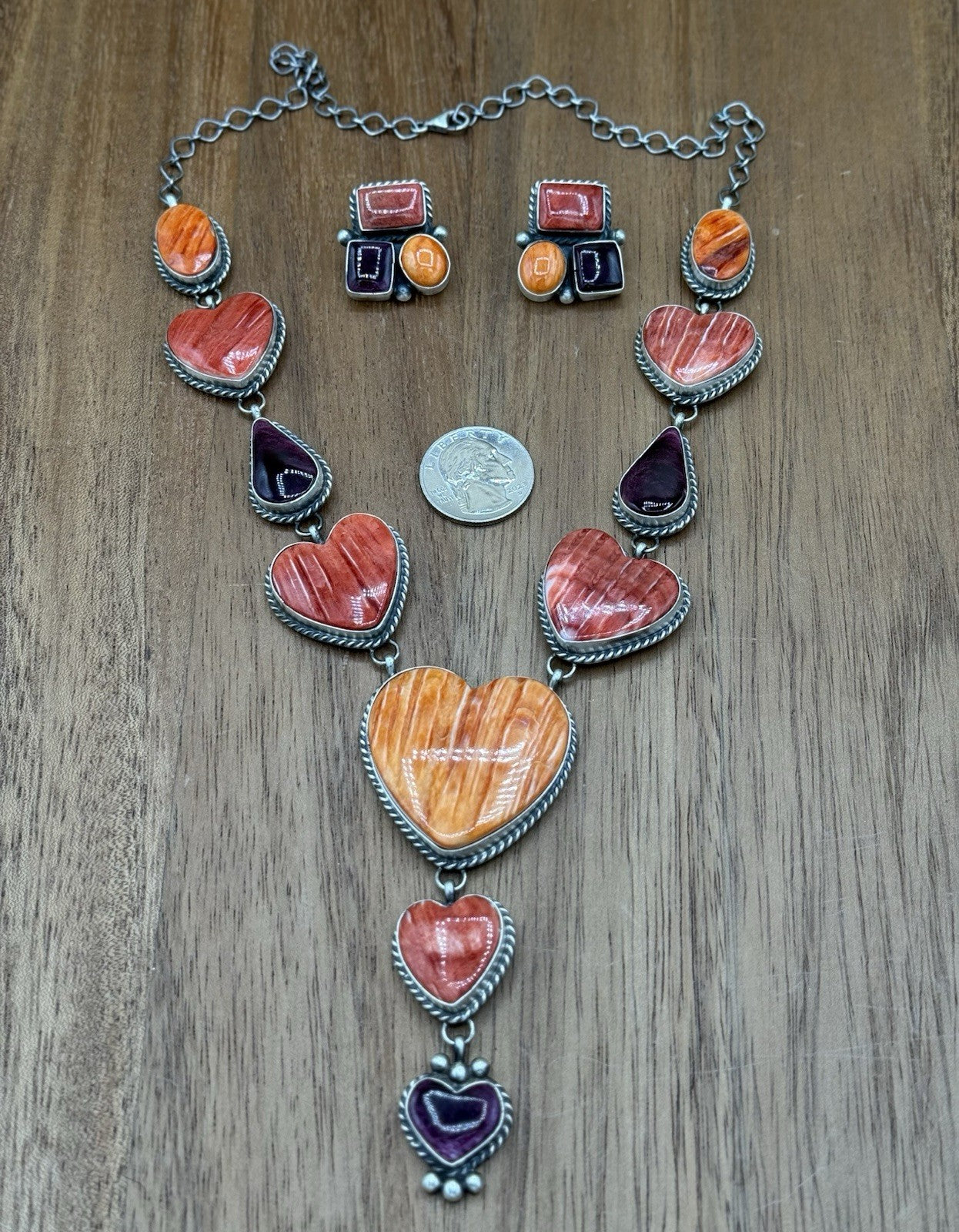 Navajo Handmade Sterling Silver Multi Spiny Oyster Shell Cluster Lariat Necklace