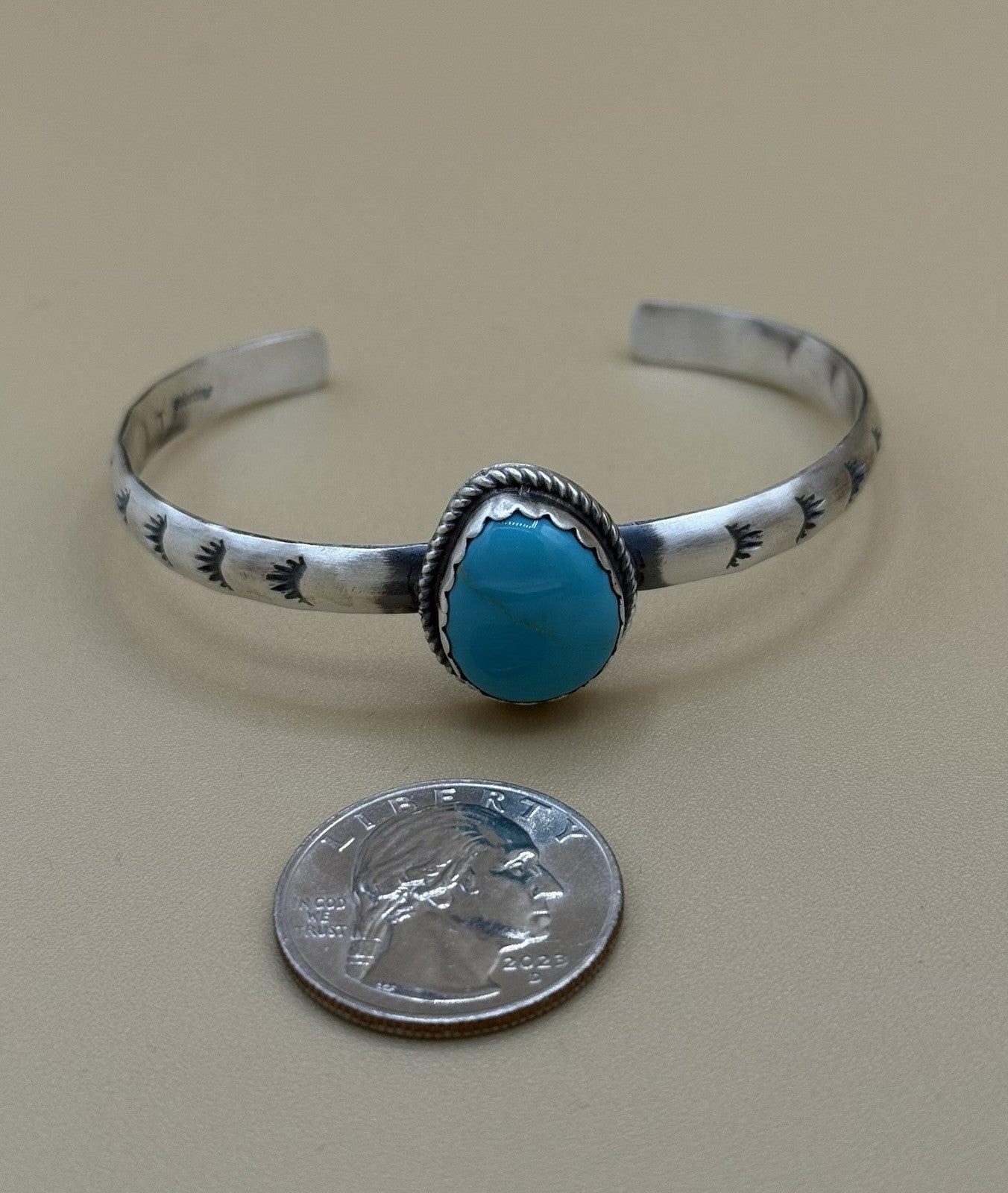 Native Navajo Handmade Sterling Silver Kingman Turquoise Stacker Cuff Bracelet