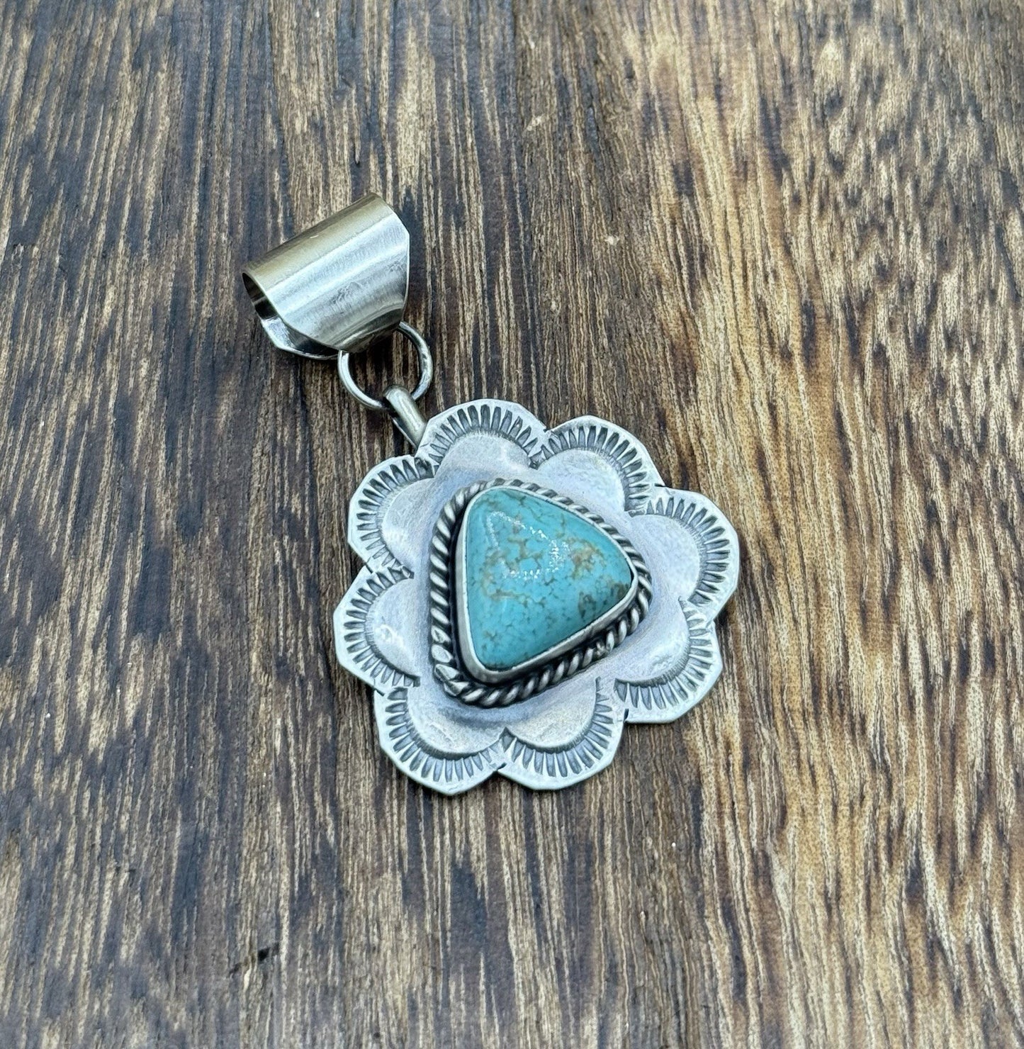 Navajo Handmade Sterling Silver Blue Bird Turquoise Stamped Design Drop Pendant