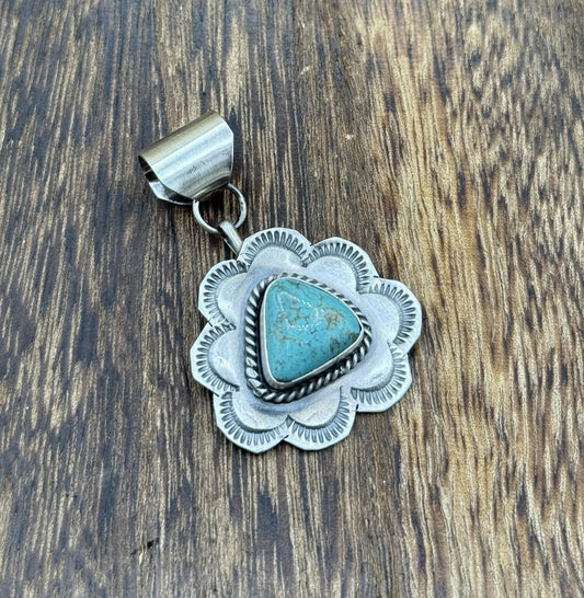 Navajo Handmade Sterling Silver Blue Bird Turquoise Stamped Design Drop Pendant