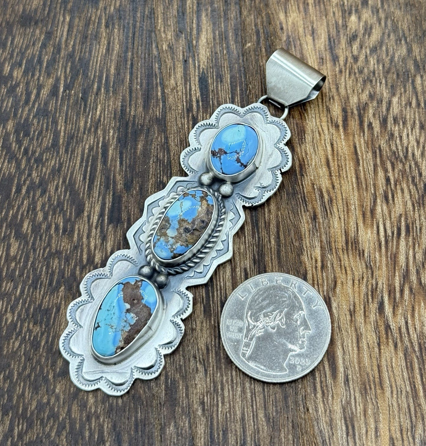 Navajo Handmade Sterling Silver Golden Hills Turquoise Stamped Drop Pendant