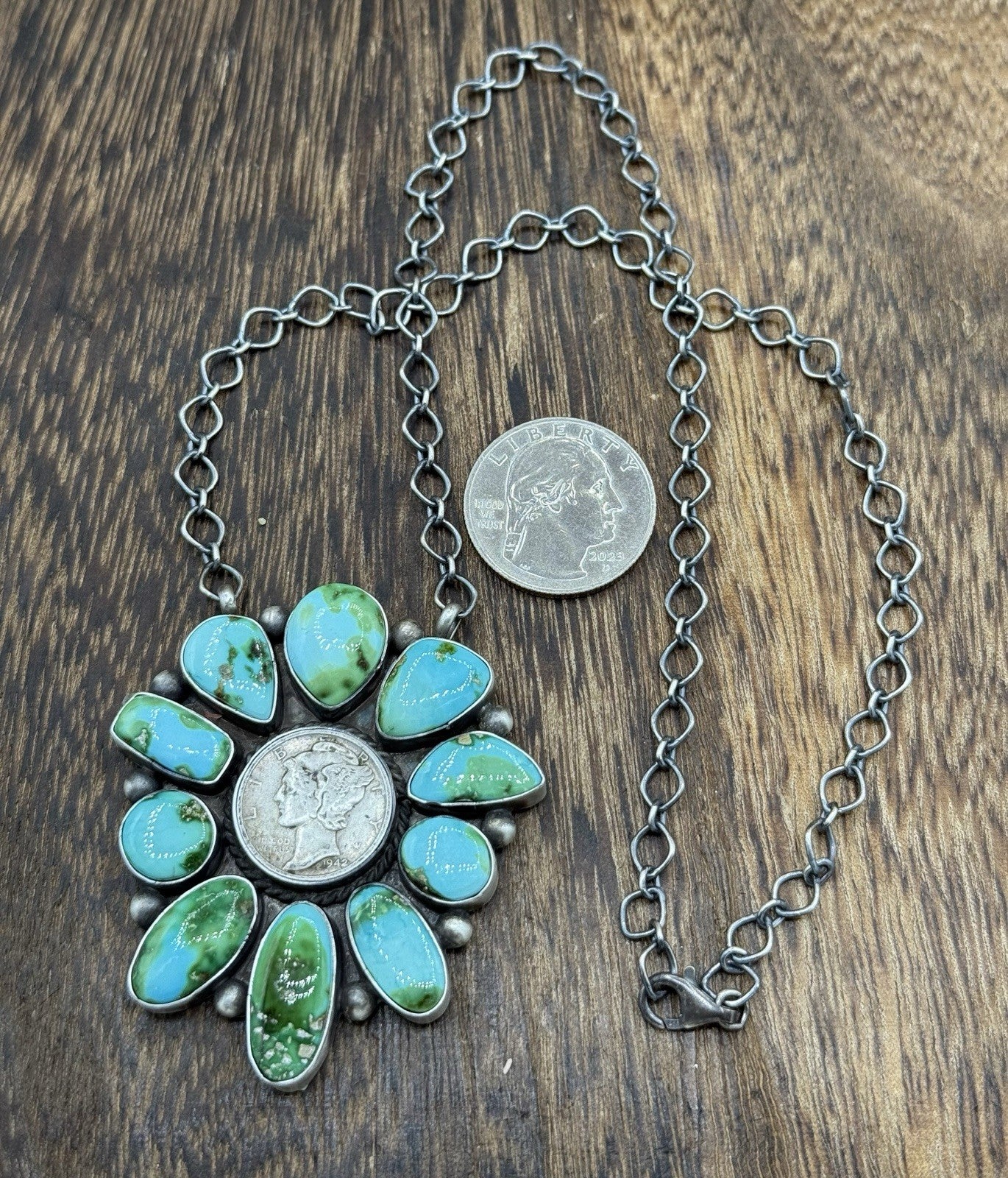 Navajo Handmade Silver Sonoran Gold Turquoise Liberty Coin Cluster Necklace 18”