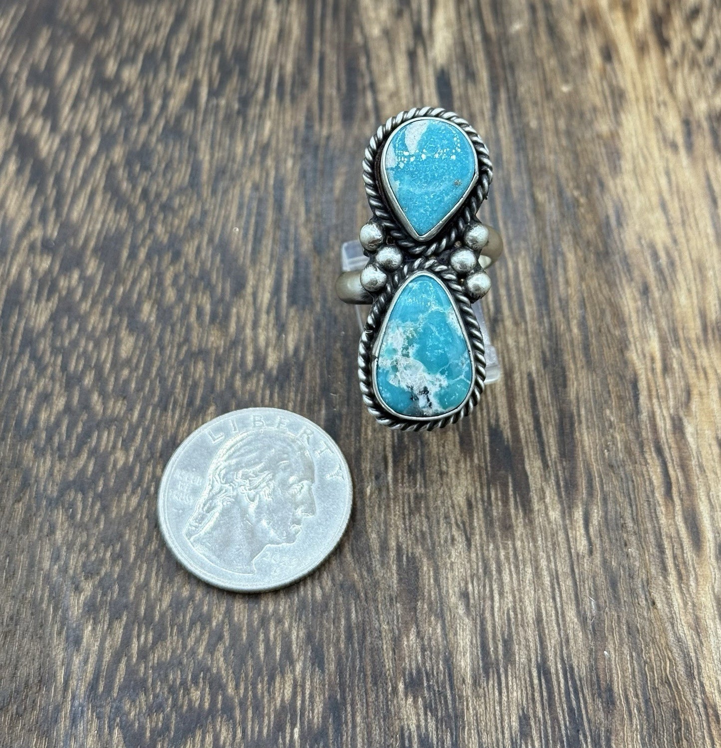 Navajo Handmade Sterling Silver White Water Turquoise Adjustable Ring Size 7 - 9