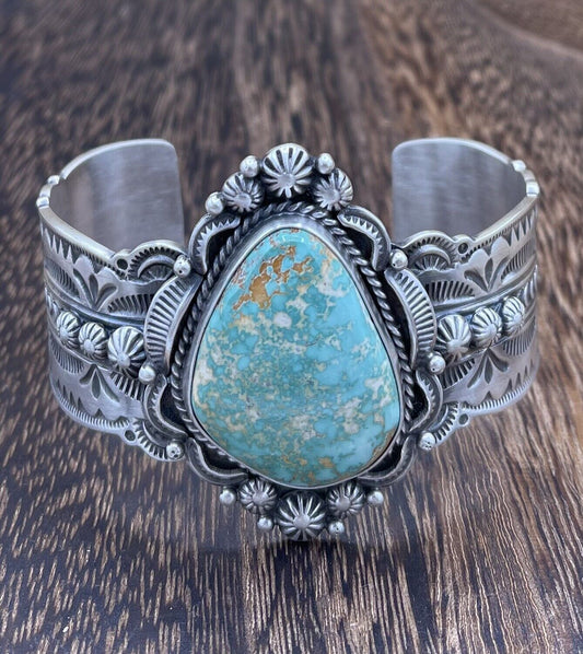 Native American Navajo Handmade Silver Royston Turquoise Cuff Bracelet Bennie R.