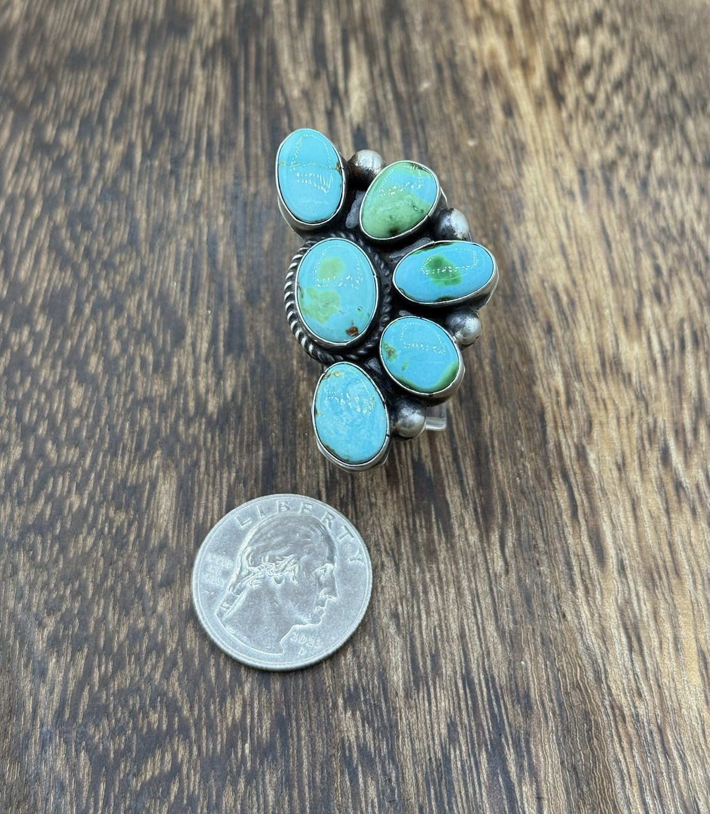 Navajo Handmade Sterling Silver Sonoran Gold Turquoise Half Cluster Ring Size 8