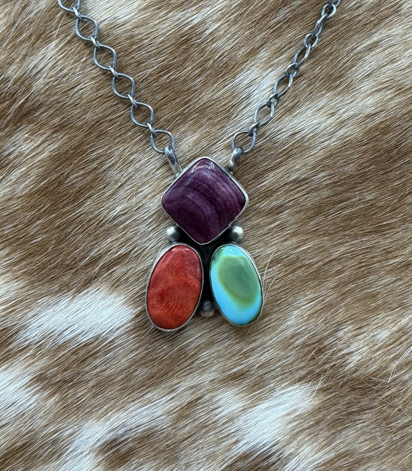 Navajo Handmade Sterling Silver Multi stone Turquoise  Cluster Bar Necklace 18”