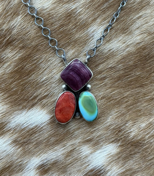 Navajo Handmade Sterling Silver Multi stone Turquoise  Cluster Bar Necklace 18”