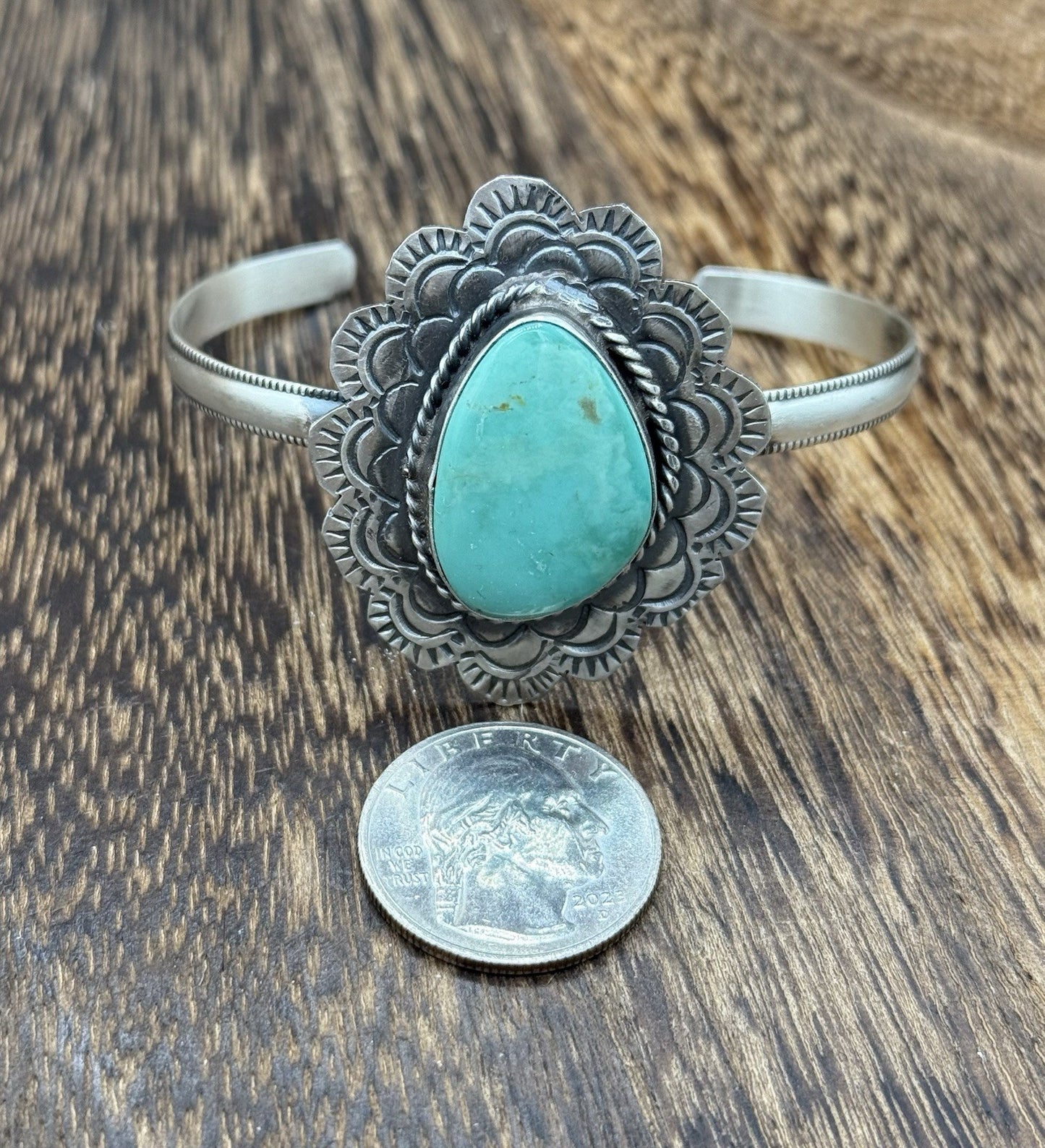Native Navajo Handmade Sterling Silver Kingman Turquoise Cuff Stamped Bracelet