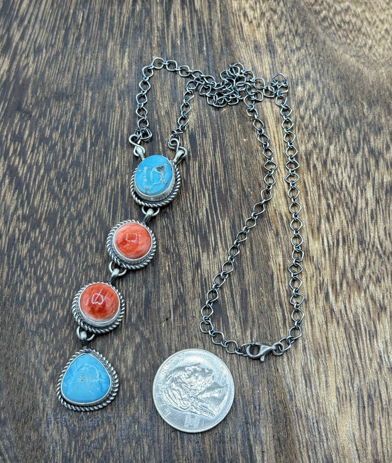 Navajo Handmade Sterling Silver Multi Color Mixed Stone Lariat Necklace 18”