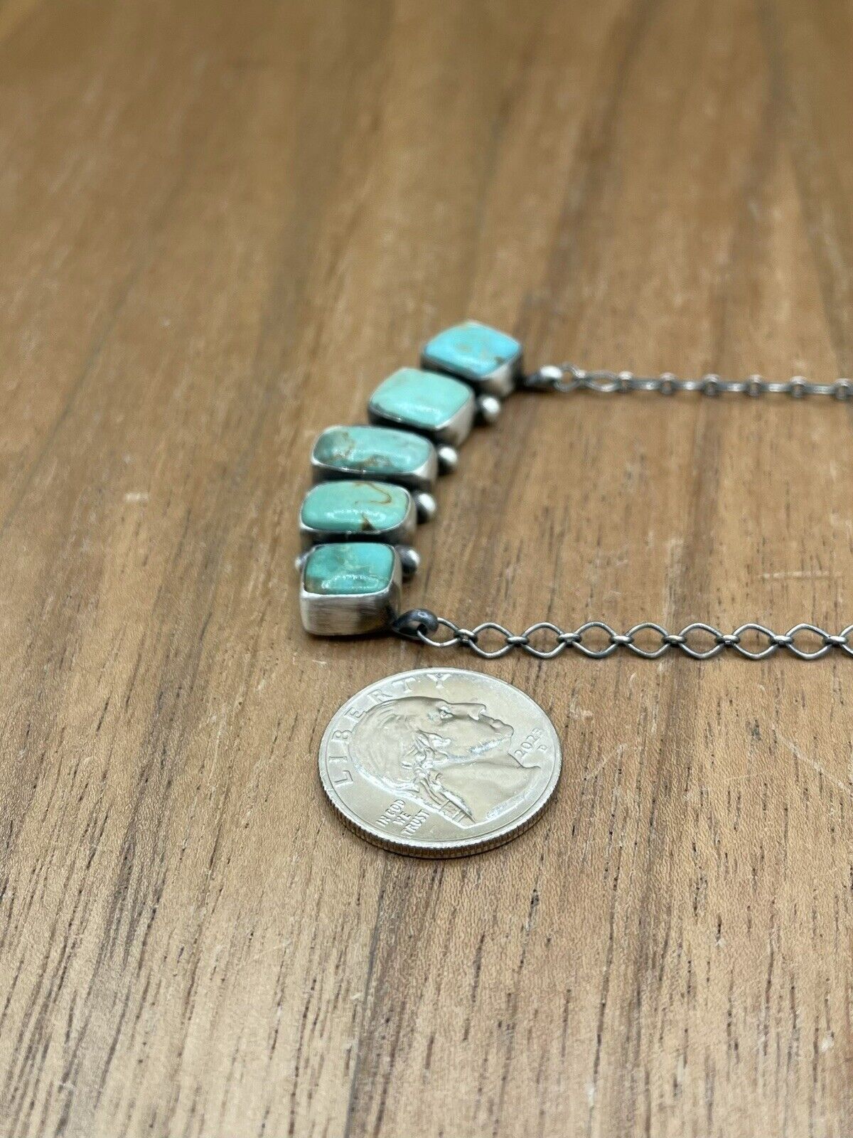 Native American Navajo Handmade Sterling Silver Kingman Turquoise Bar Necklace