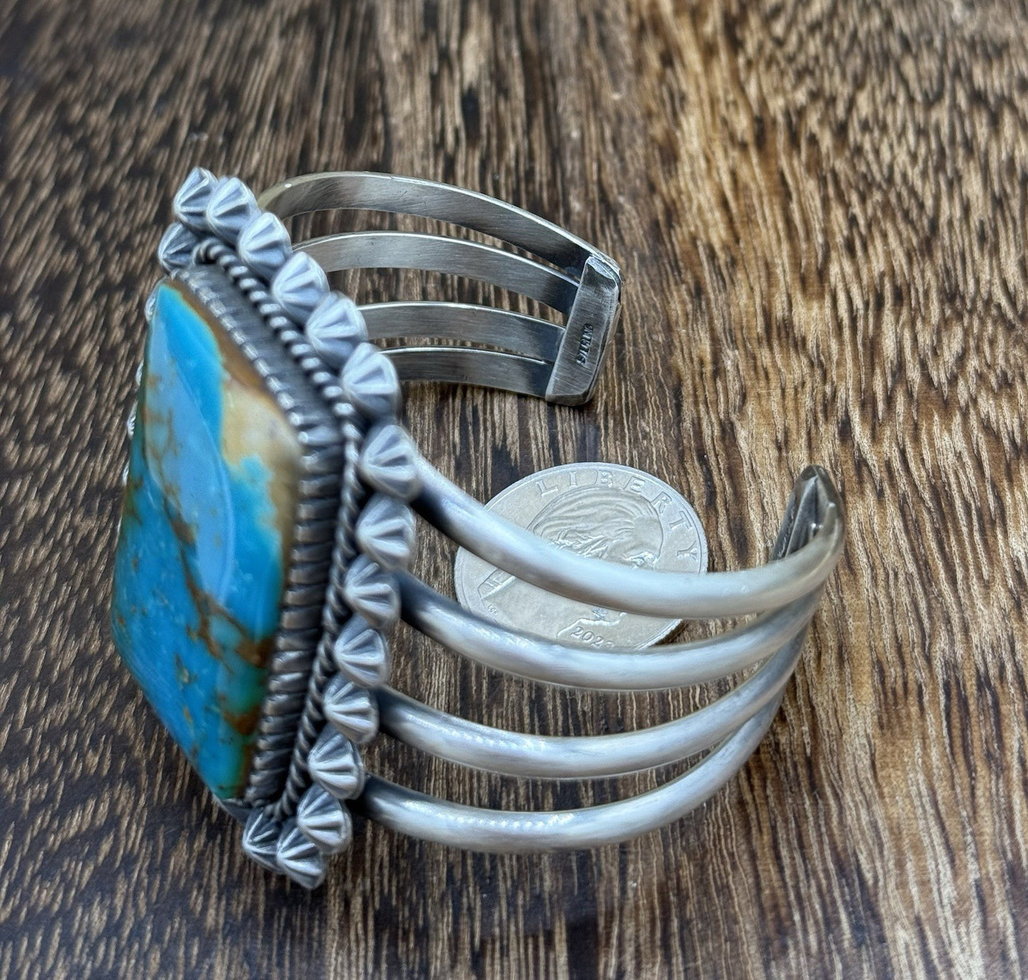 Native Navajo Handmade Sterling Silver Royston Turquoise Old Look Cuff Bracelet