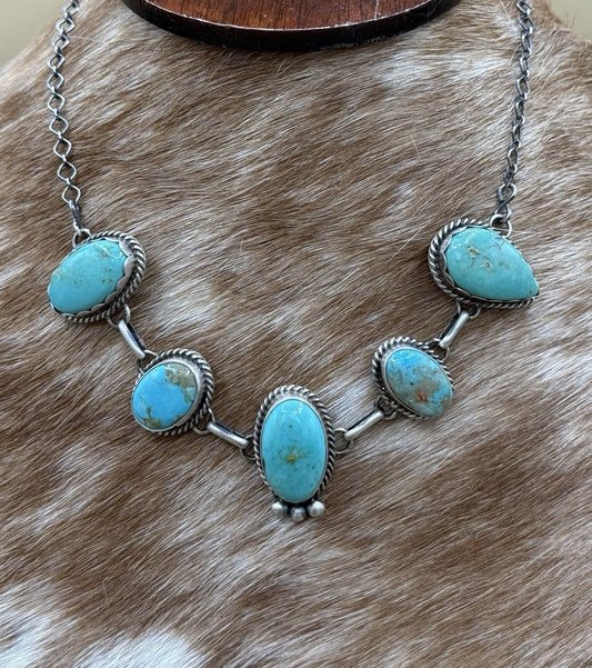 Native Navajo Handmade Sterling Silver Kingman Turquoise Choker Necklace 15”