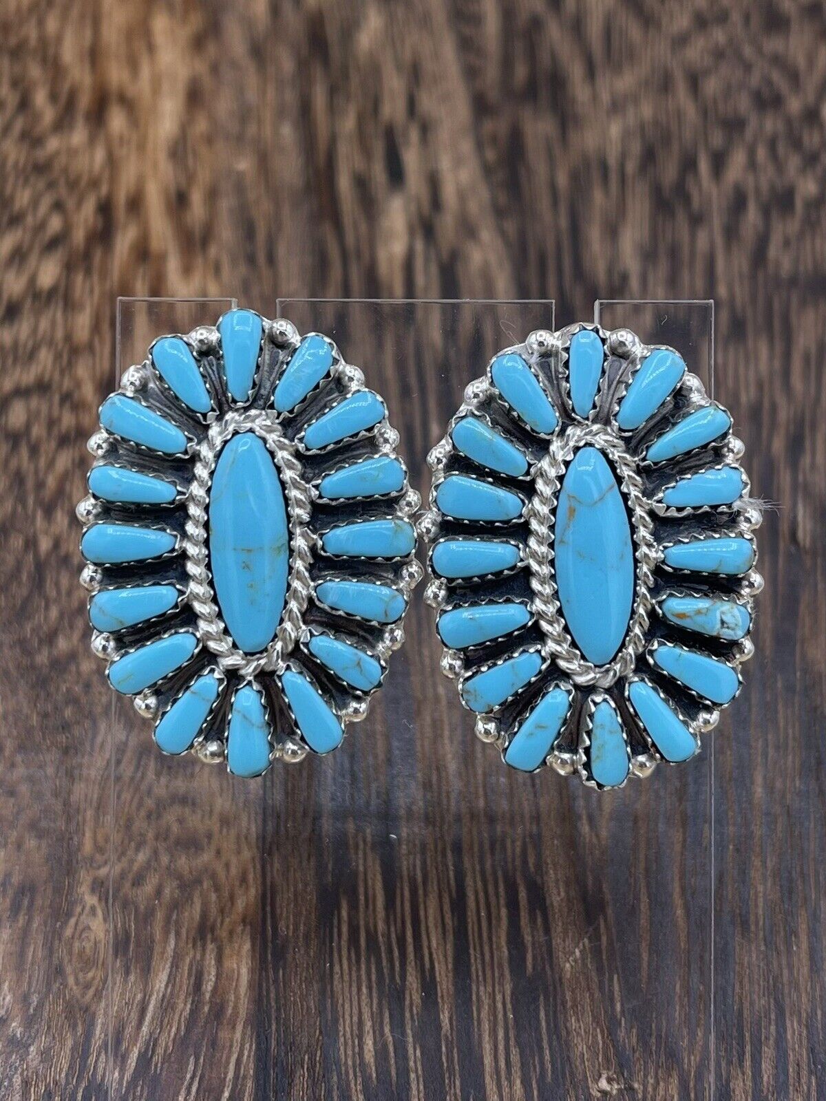 Native American Navajo Handmade Sterling Silver Turquoise Cluster Stud Earrings