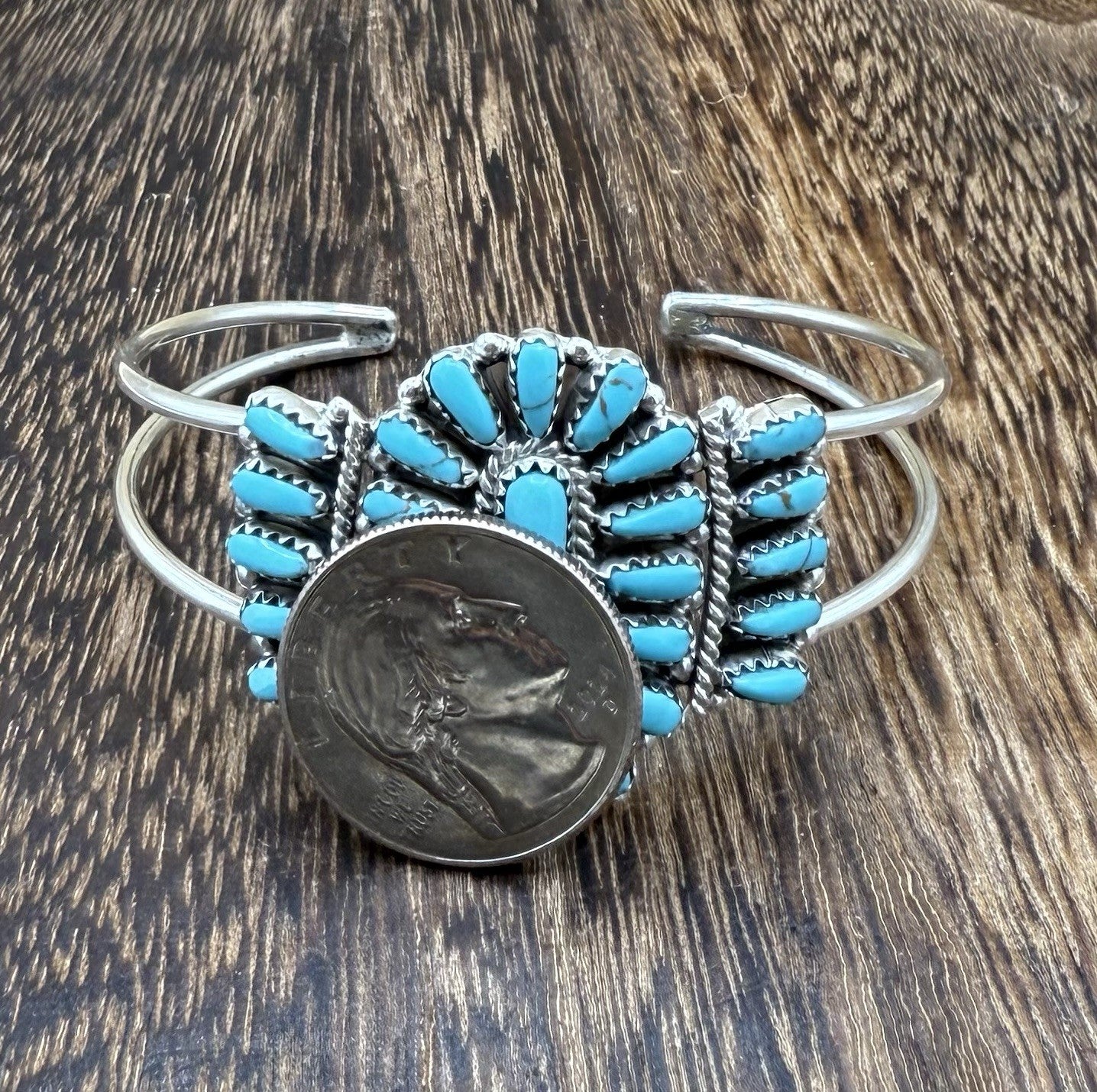 Navajo Handmade Sterling Silver Turquoise Traditional Cluster Cuff Bracelet