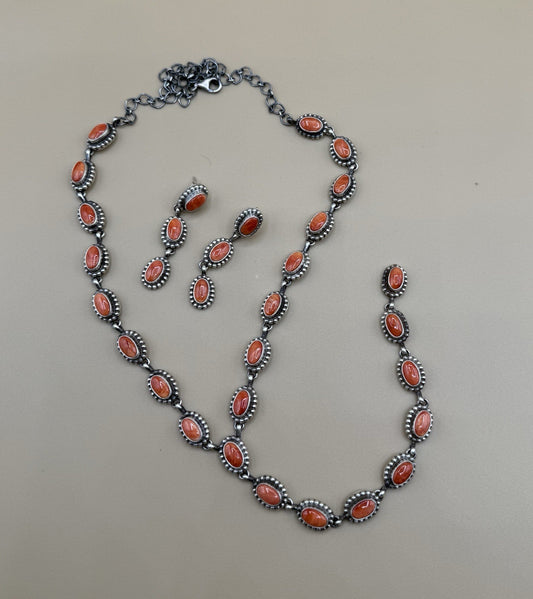 Navajo Handmade Sterling Silver Red Spiny Oyster Lariat Dangle Necklace Long