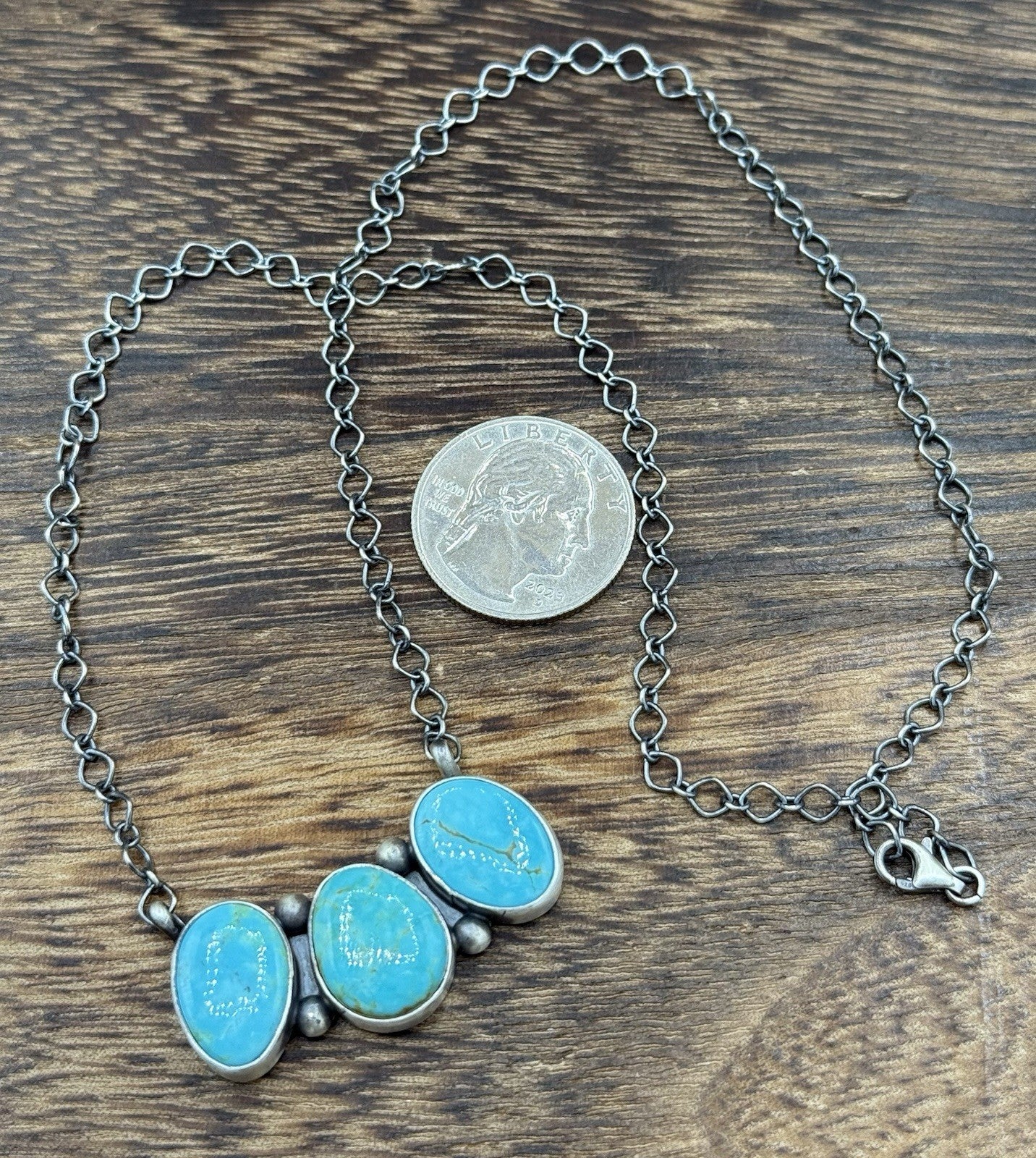 Navajo Handmade Sterling Silver Kingman Turquoise Cluster Bar Necklace 18”