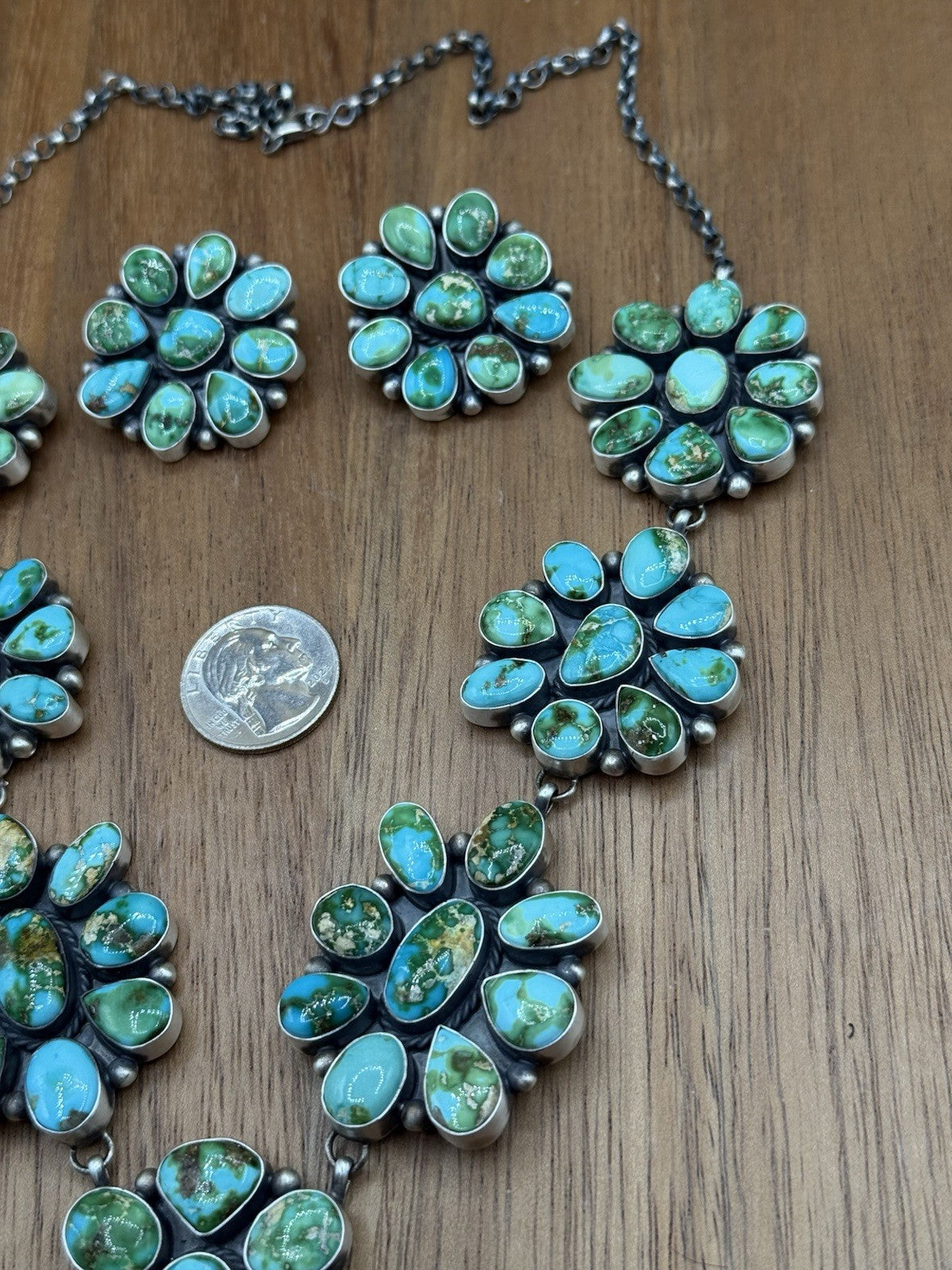 Navajo Handmade Sterling Silver Sonoran Turquoise Cluster Lariat Necklace 24”