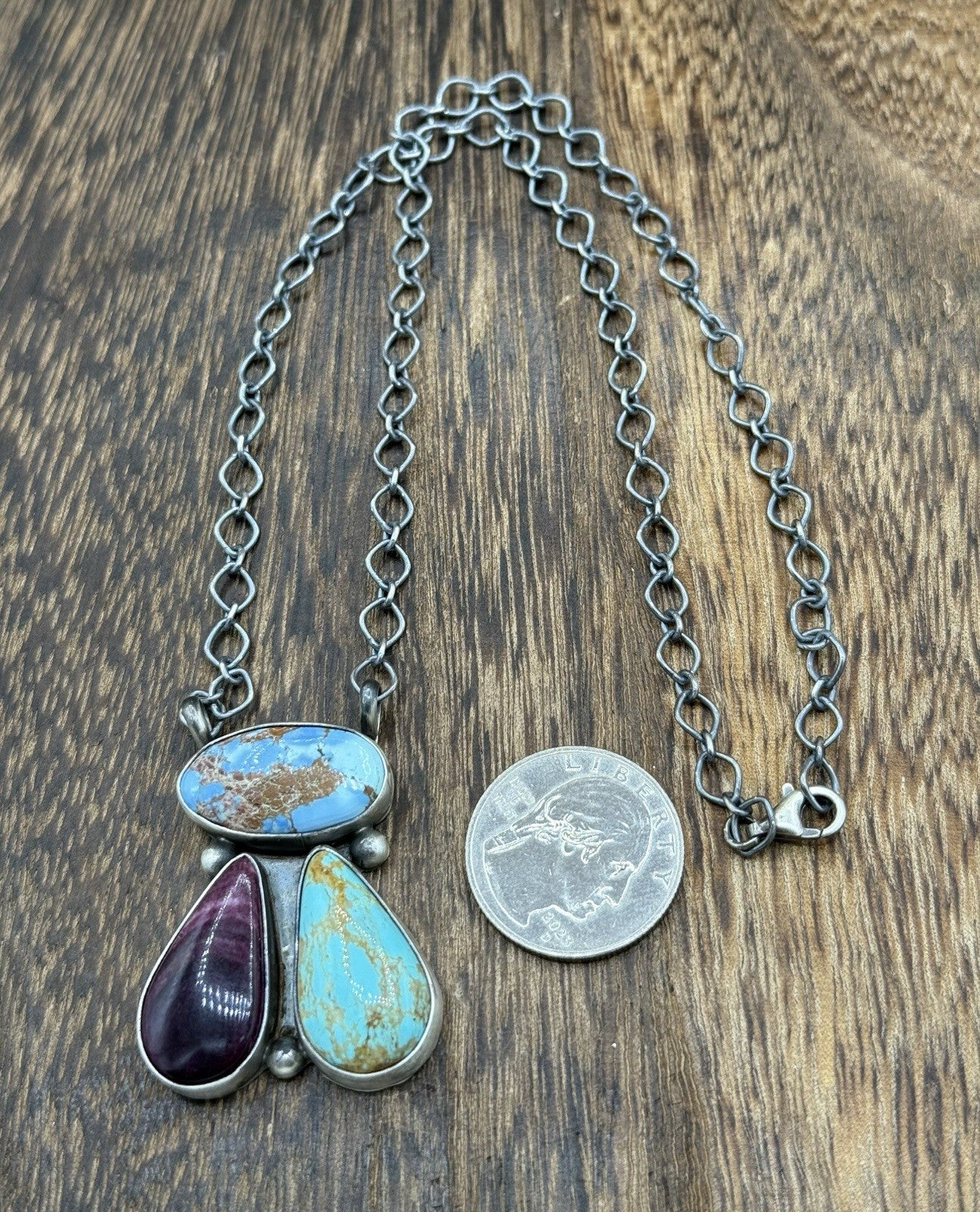 Navajo Handmade Sterling Silver Multi stone Turquoise  Cluster Bar Necklace 18”