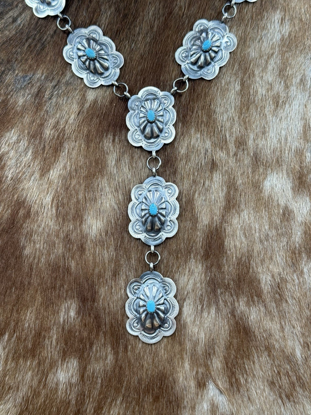 Navajo Handmade Sterling Silver Stamped Concho Turquoise Lariat Necklace Set 20”