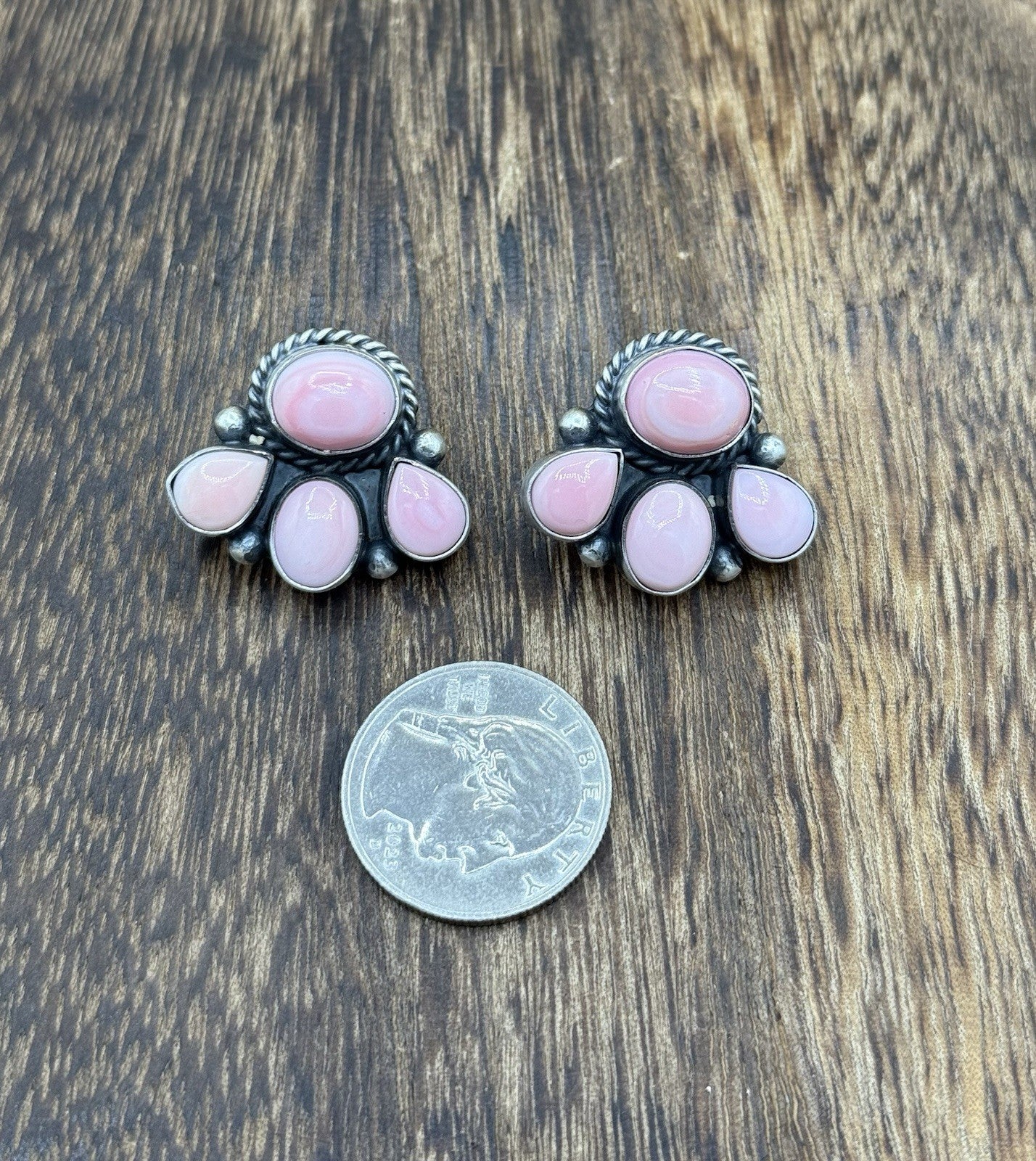 Native Navajo Handmade Sterling Silver Pink Conch Shell Cluster Earrings