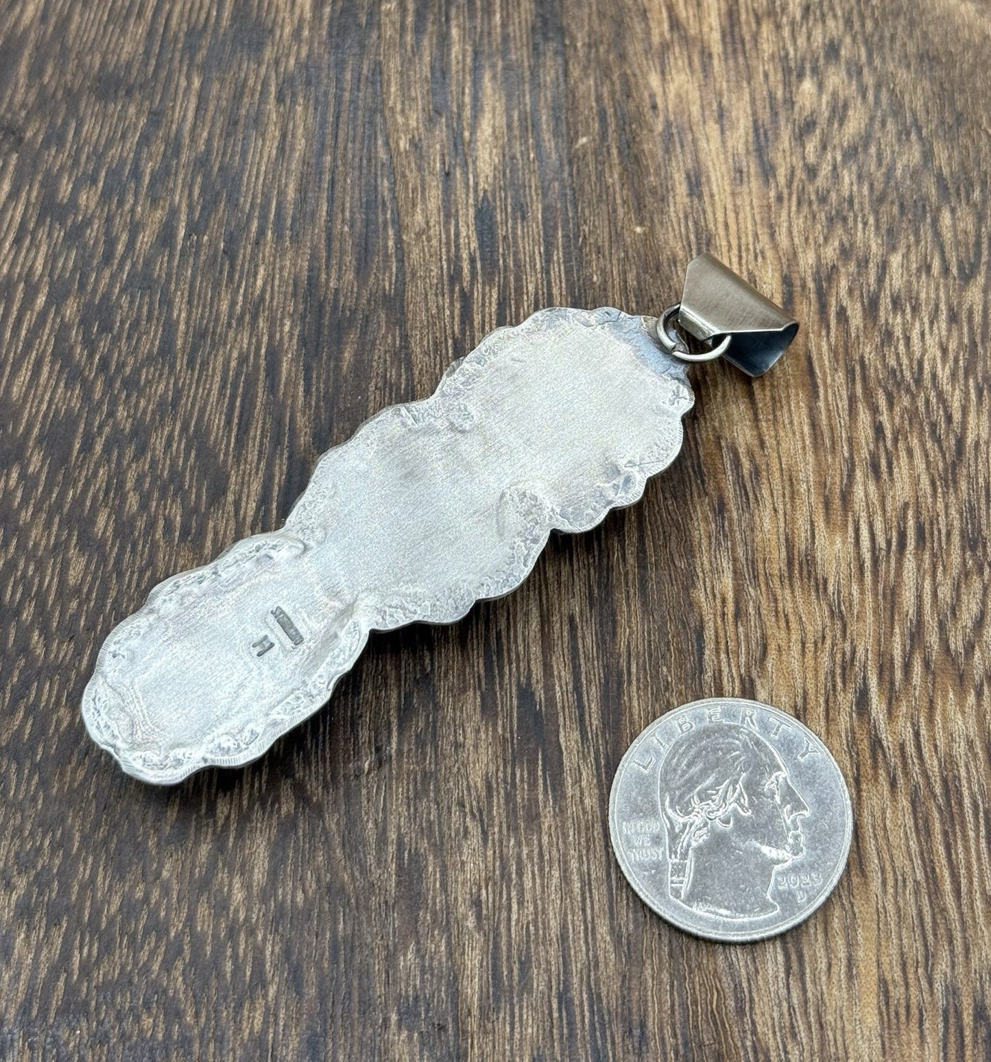 Navajo Handmade Sterling Silver Golden Hills Turquoise Stamped Drop Pendant