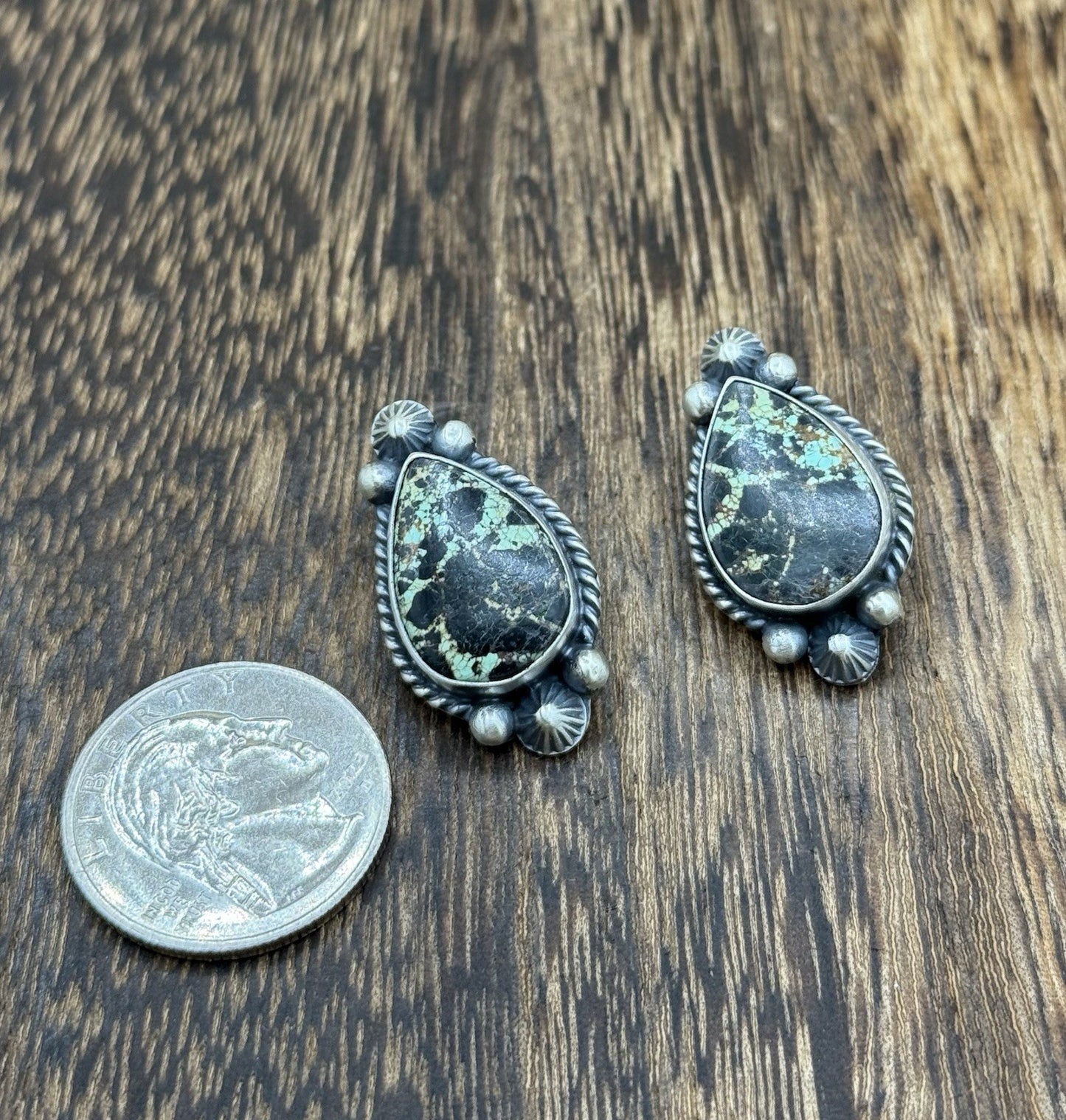 Navajo Handmade Sterling Silver Blackjack Turquoise Old Look Post Stud Earrings