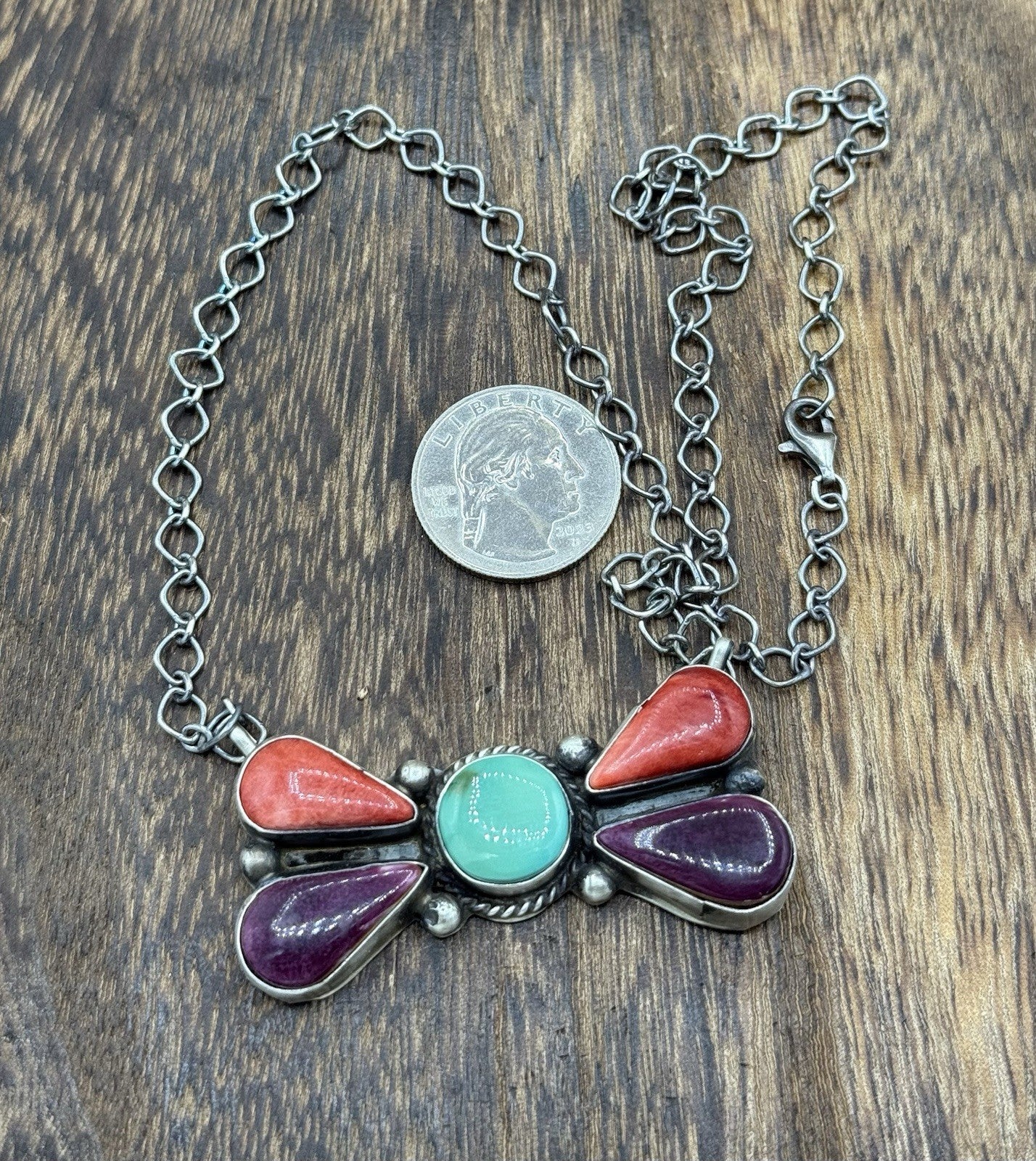 Navajo Handmade Sterling Silver Multi Stone Color Cluster Bar Necklace 18”