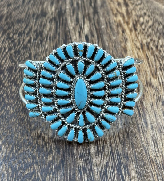 Native American Navajo Handmade Sterling Silver Turquoise Cluster Cuff Bracelet