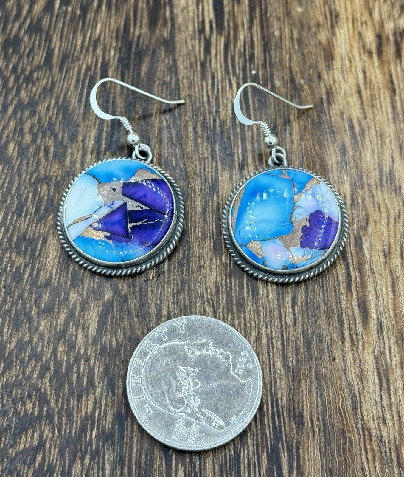 Navajo Handmade Sterling Silver Violet Rose & Blue Dahlia Dangle Drop Earrings