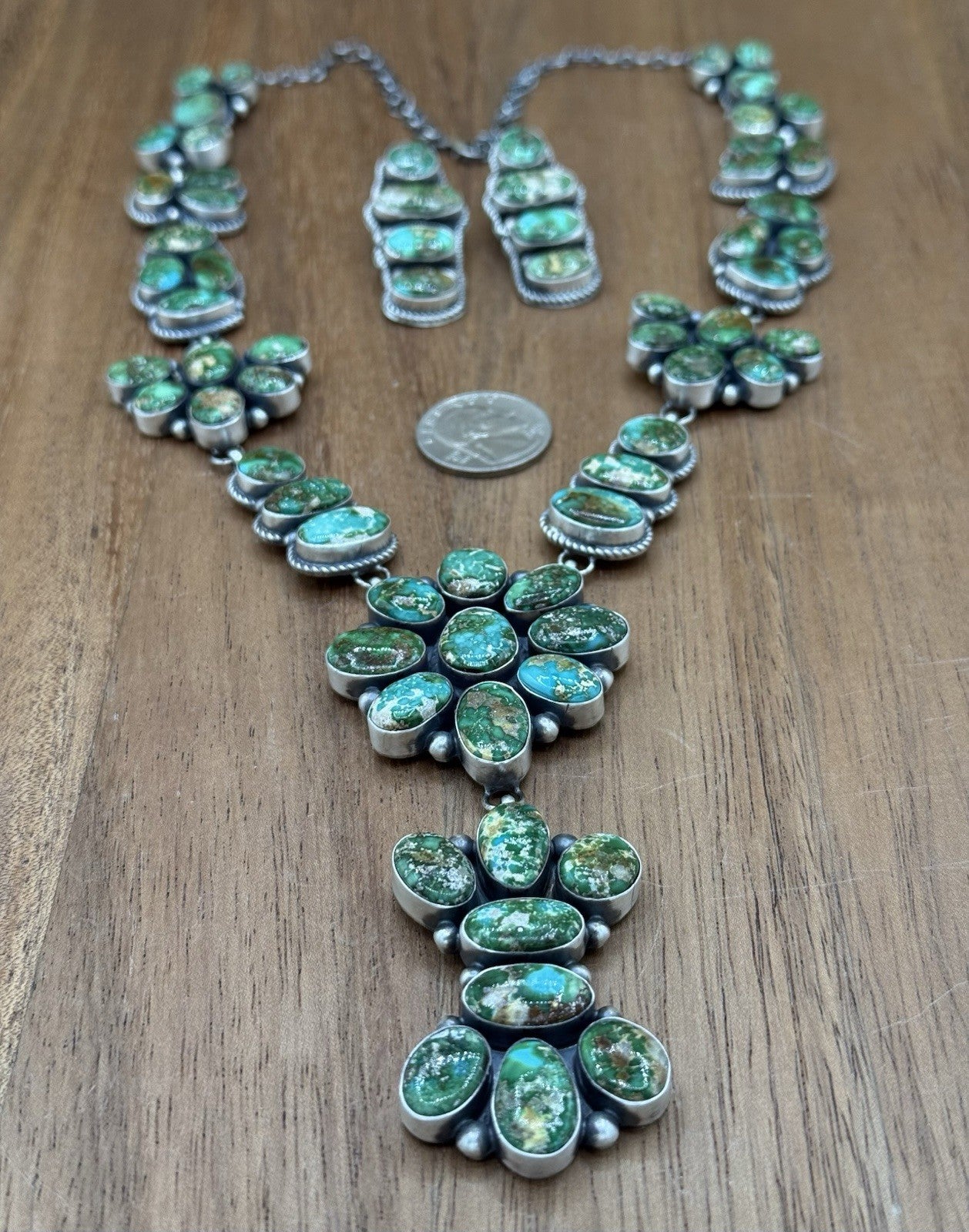 Navajo Handmade Sterling Silver Sonoran Gold Turquoise Cluster Lariat Necklace