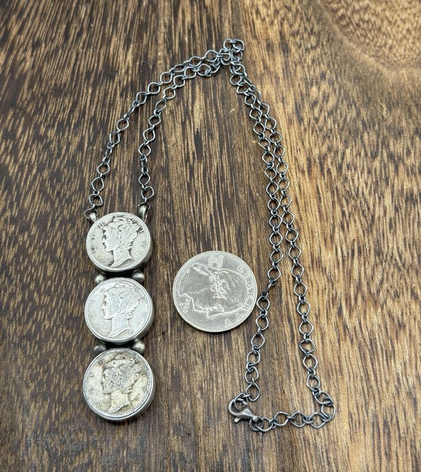 Navajo Handmade Sterling Silver Liberty Dime Cluster Bar Lariat Necklace 18”