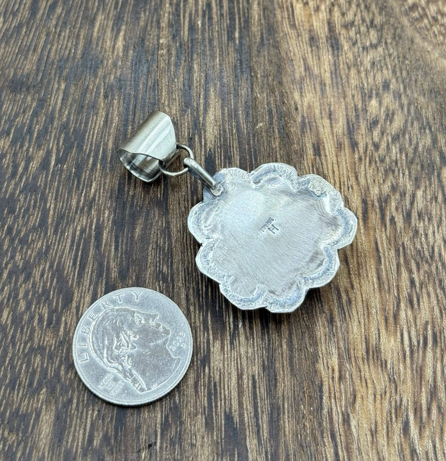 Navajo Handmade Sterling Silver Orange Spiny Oyster Shell Stamped Drop Pendant