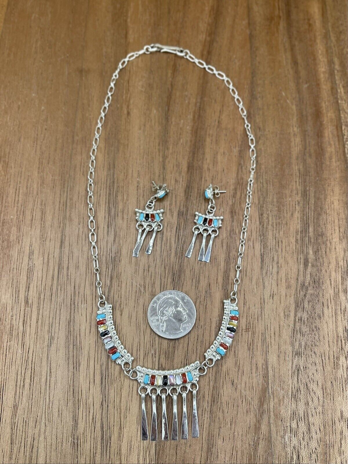 Native American Zuni handmade Sterling Silver Multi Stone Inlay Dangle Necklace