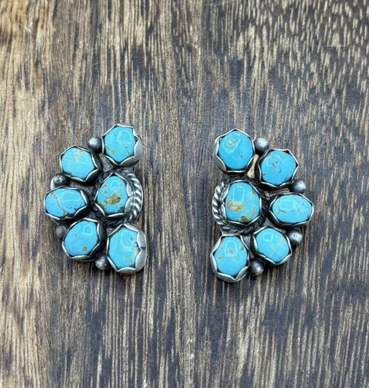 Navajo Handmade Sterling Silver Kingman Turquoise Half Cluster Post Earrings