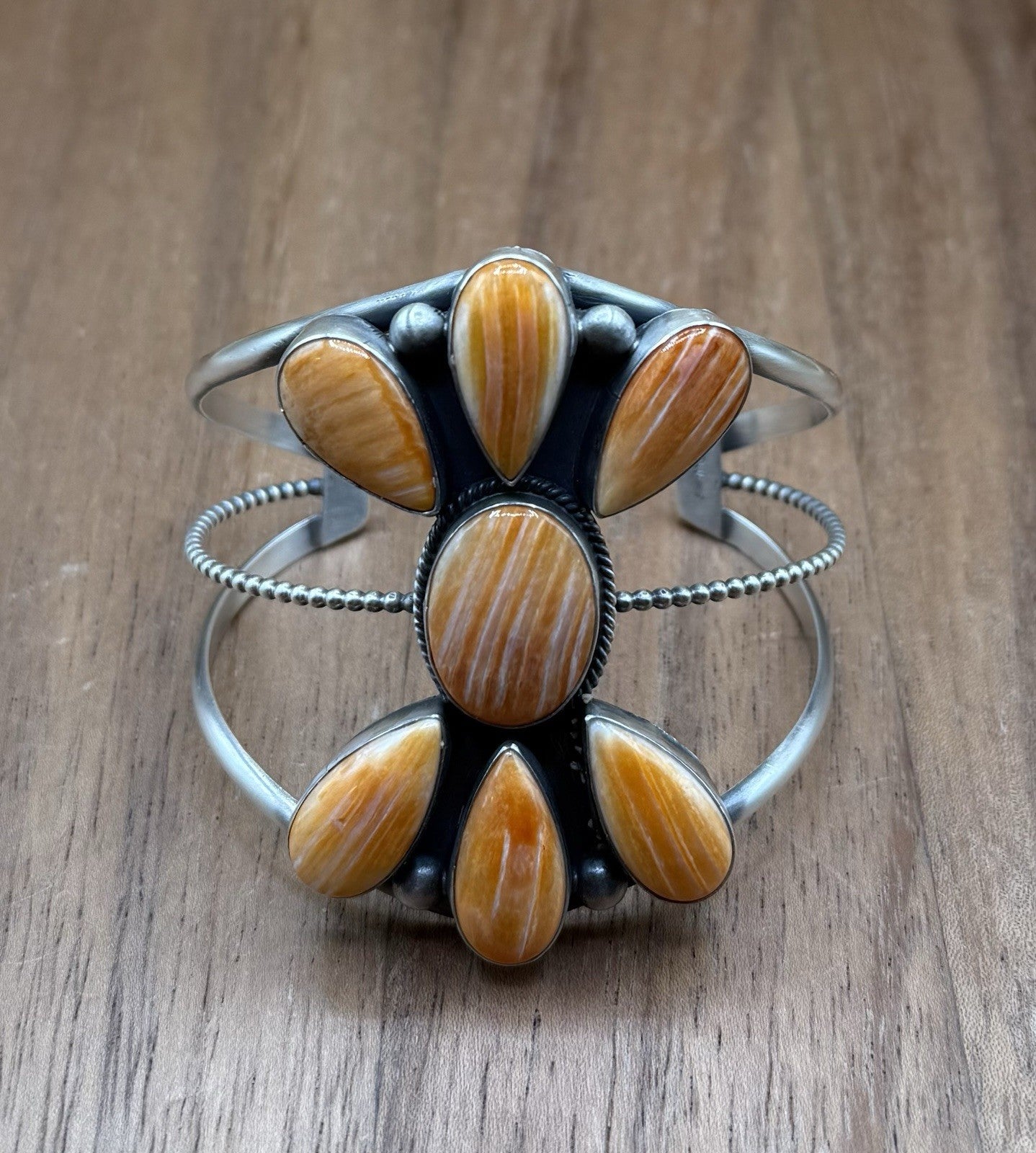 Navajo Handmade Sterling Silver Orange Spiny Oyster Cluster Cuff Bracelet