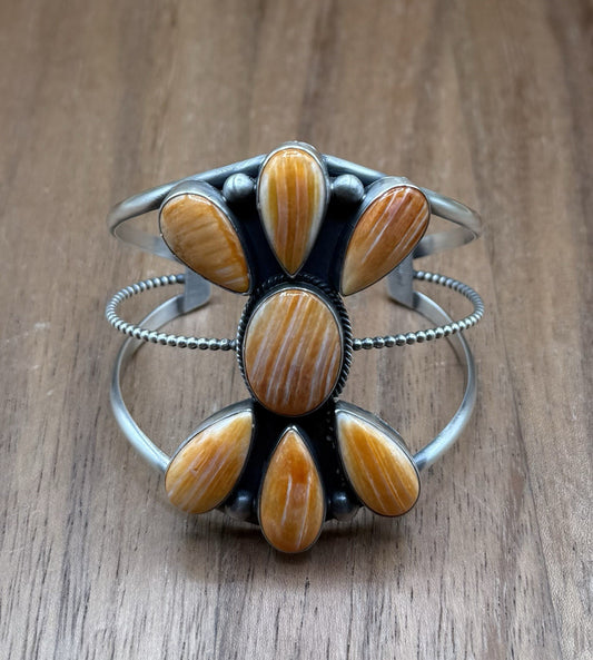 Navajo Handmade Sterling Silver Orange Spiny Oyster Cluster Cuff Bracelet