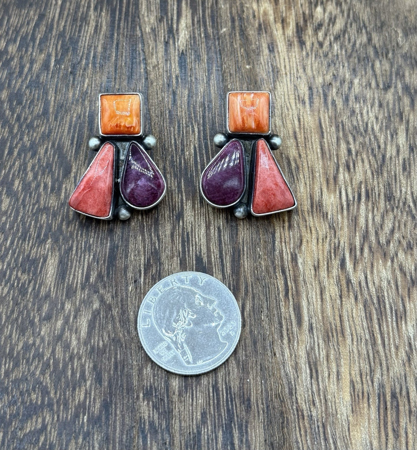 Navajo Handmade Sterling Silver Multi Color Spiny Oyster Shell Cluster Earrings