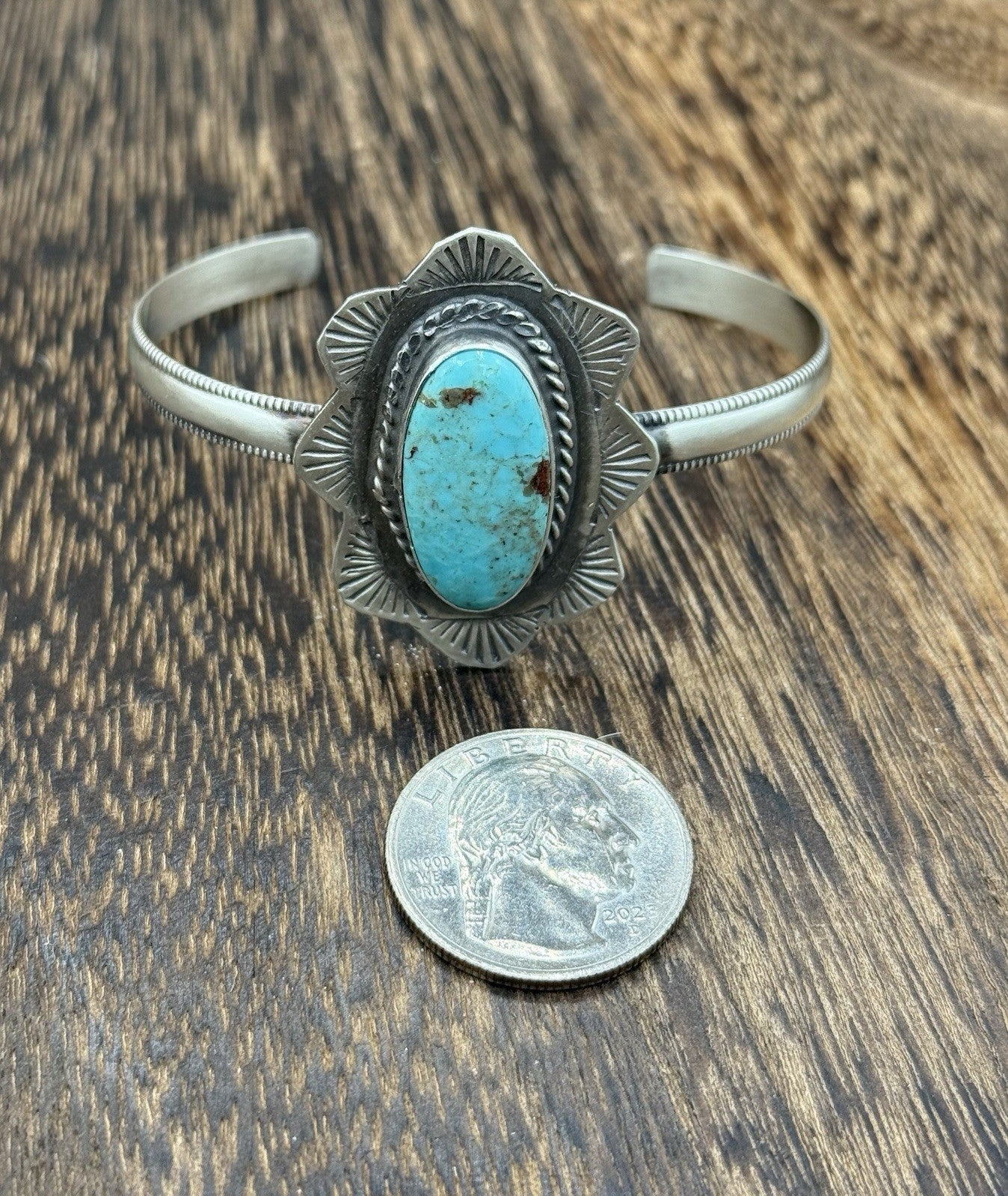 Native Navajo Handmade Sterling Silver Kingman Turquoise Cuff Stamped Bracelet