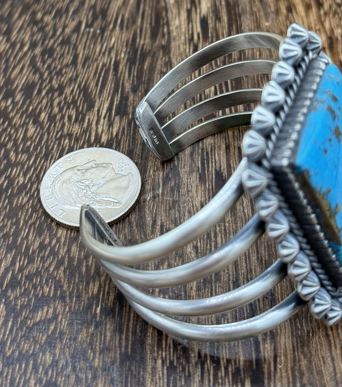 Native Navajo Handmade Sterling Silver Morenci Turquoise Old Look Cuff Bracelet