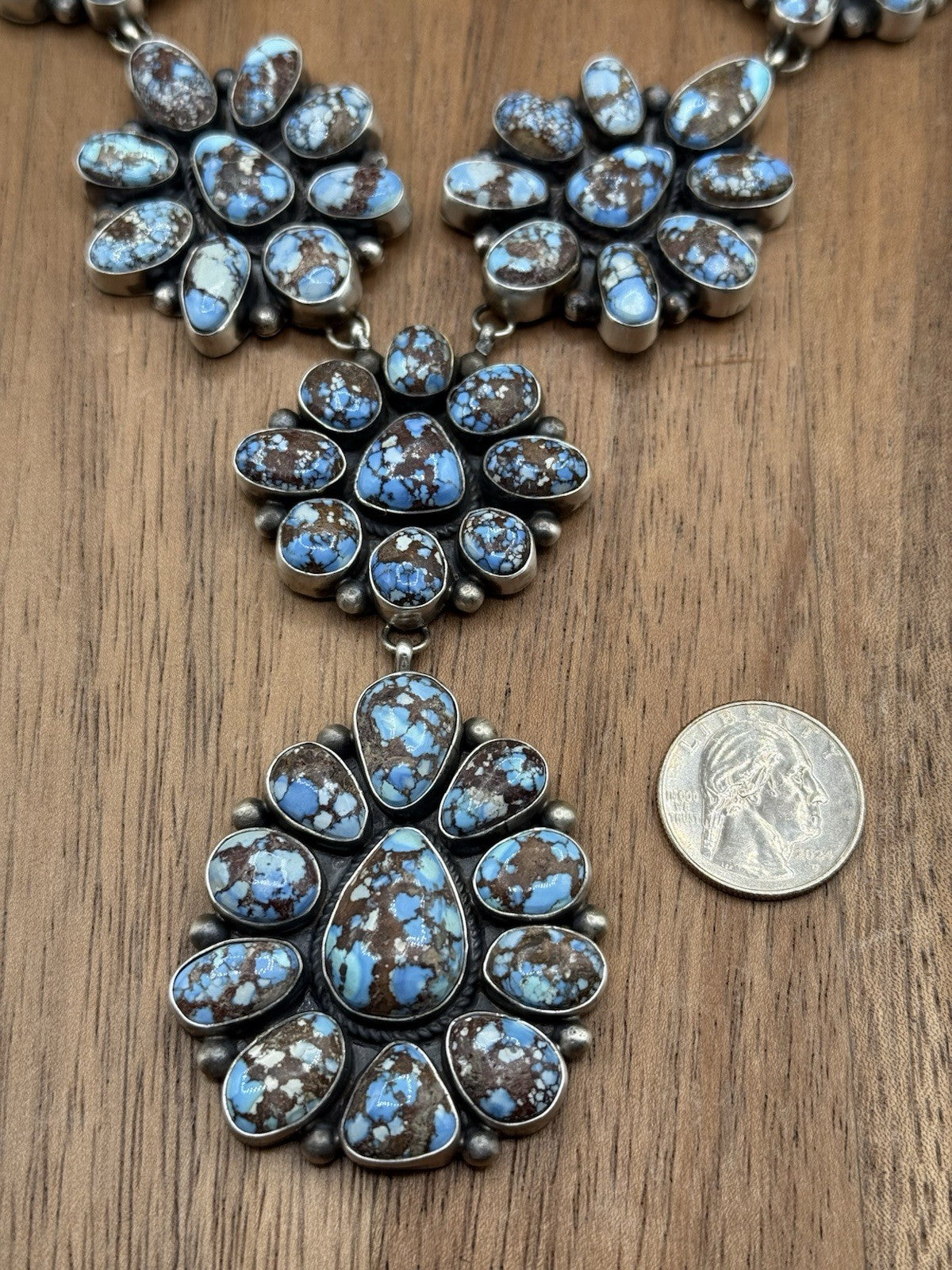 Native Navajo Handmade Silver Golden Hills Turquoise Cluster Lariat Necklace 24”